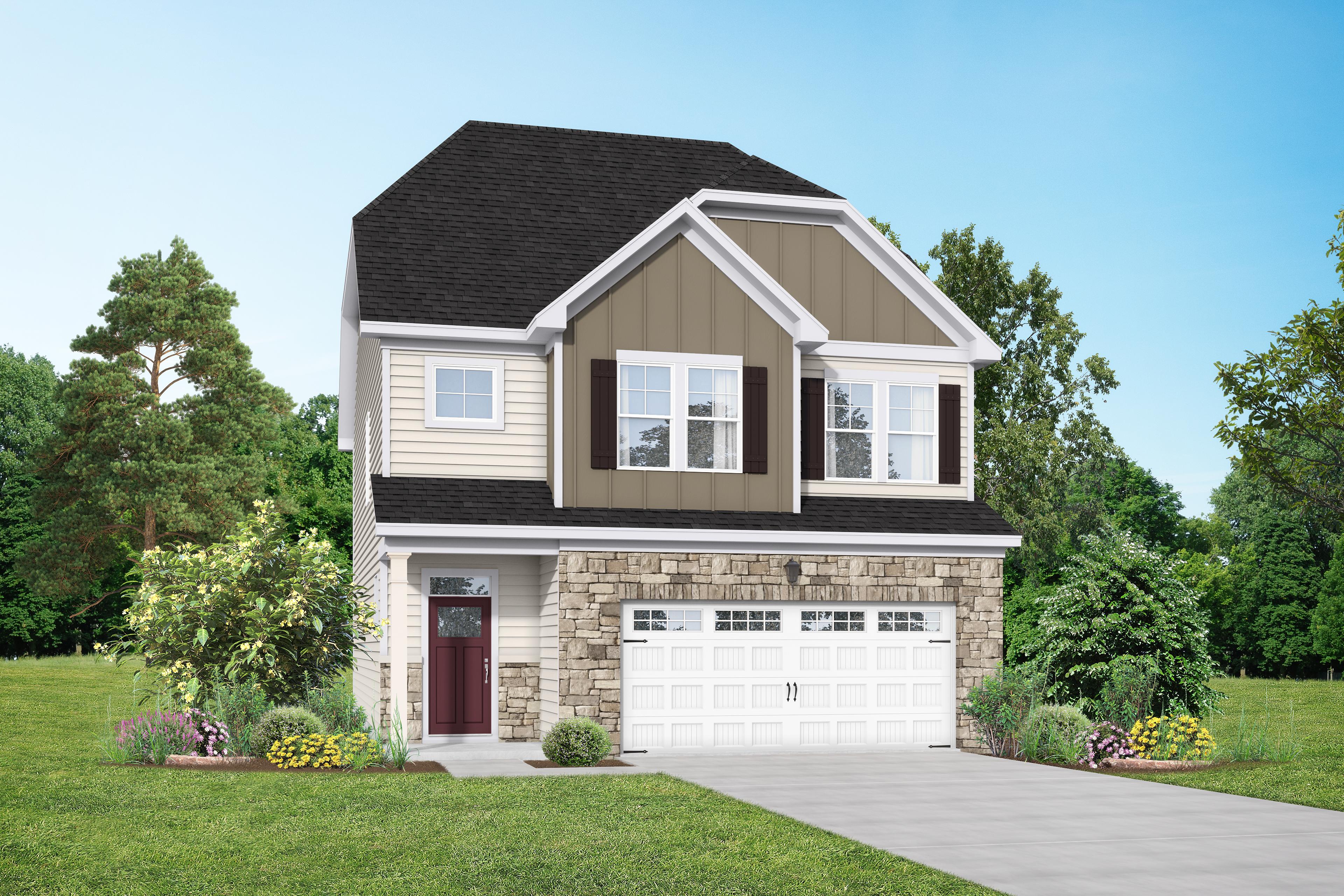 Two-story The Grace C home elevation with stone accents, beige siding, 2-car garage, and landscaped yard in Lillington NC