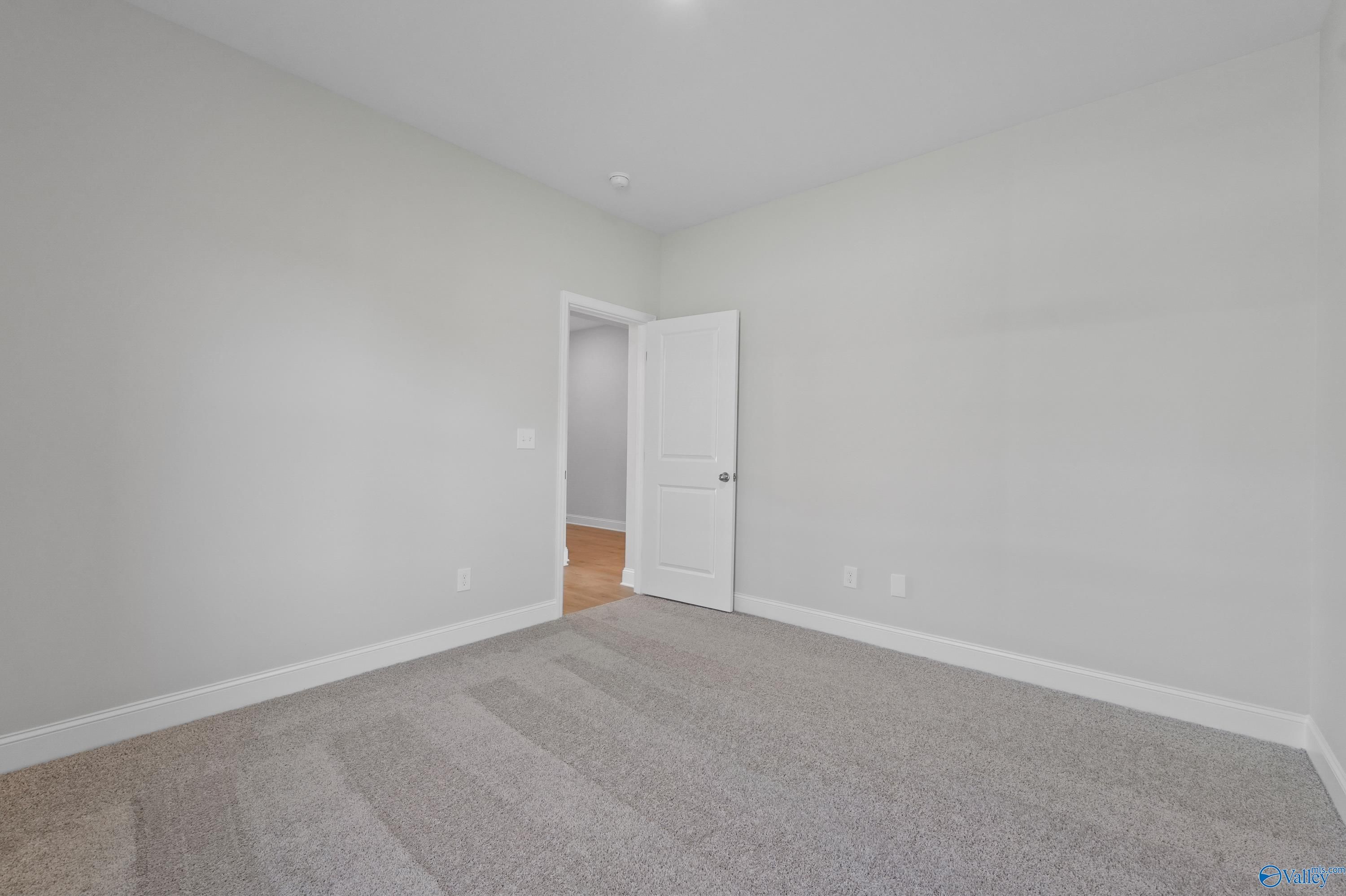 Spacious empty bedroom with light gray walls, beige carpet, and open door in Davidson Homes The Everett, Hazel Green, AL
