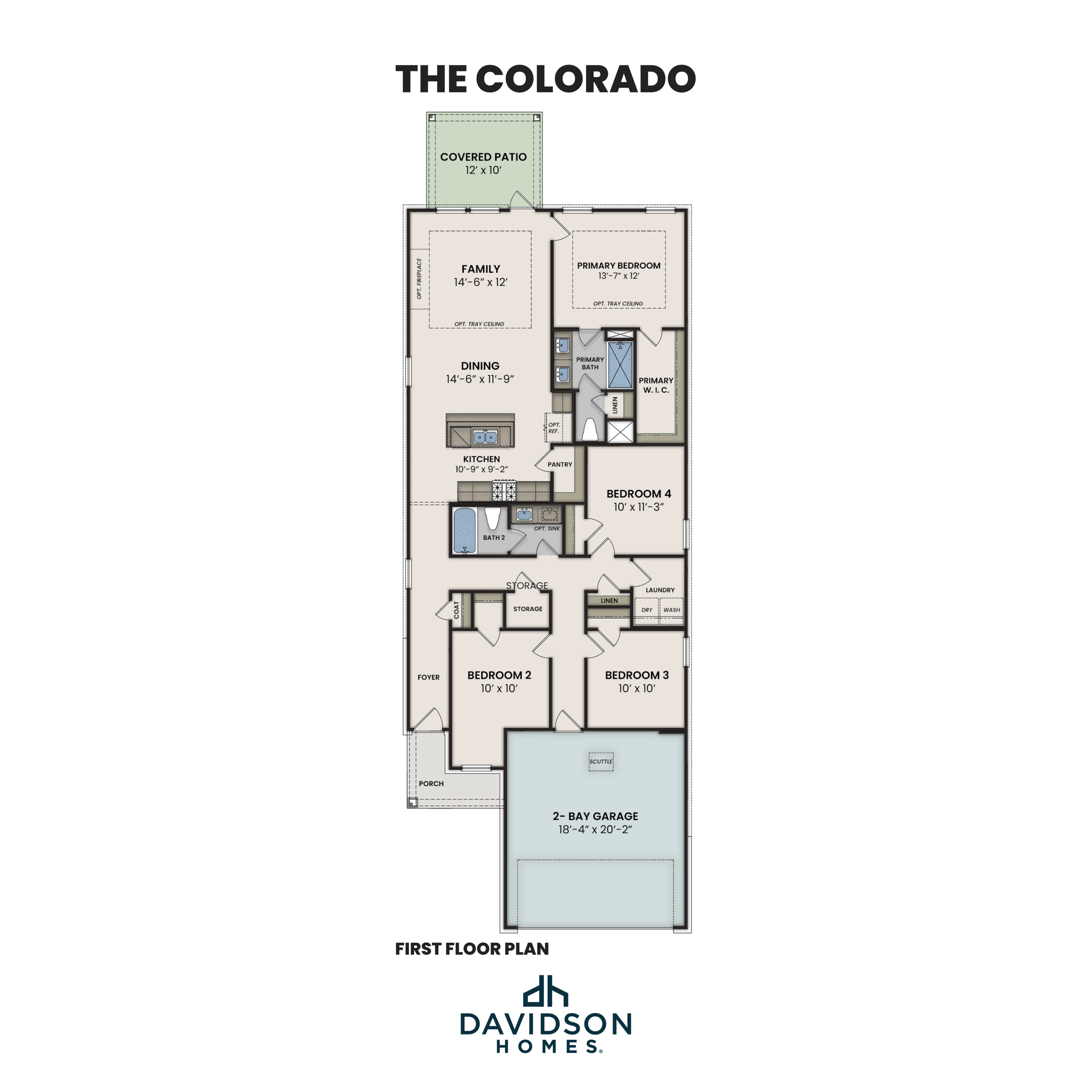 First floor plan of The Colorado 4-bedroom home by Davidson Homes, featuring primary suite, open kitchen, and 2-car garage