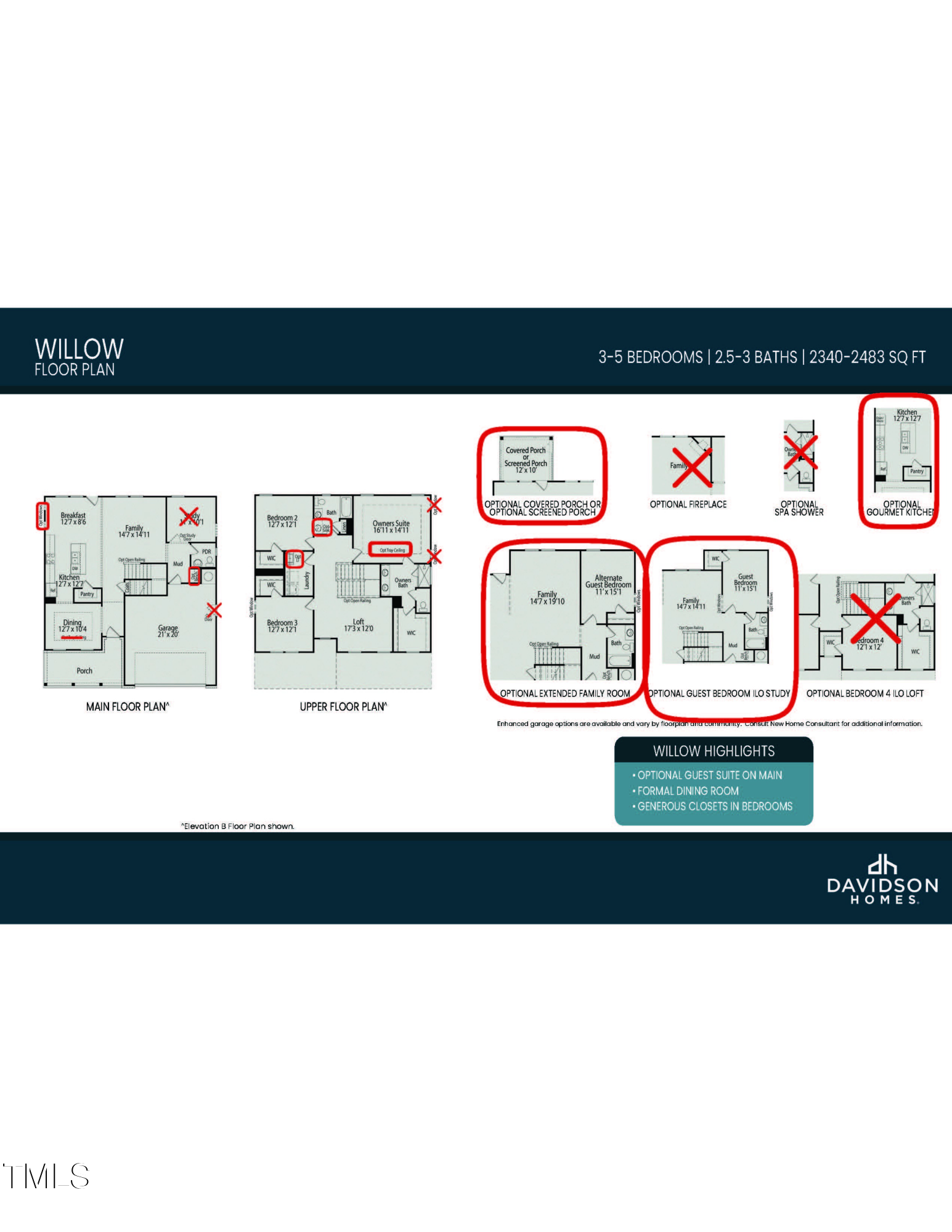 Willow B floor plan by Davidson Homes: 4-bedroom, 3-bath, 2,483 sq ft two-story layout with main and upper floors in Lillington, NC