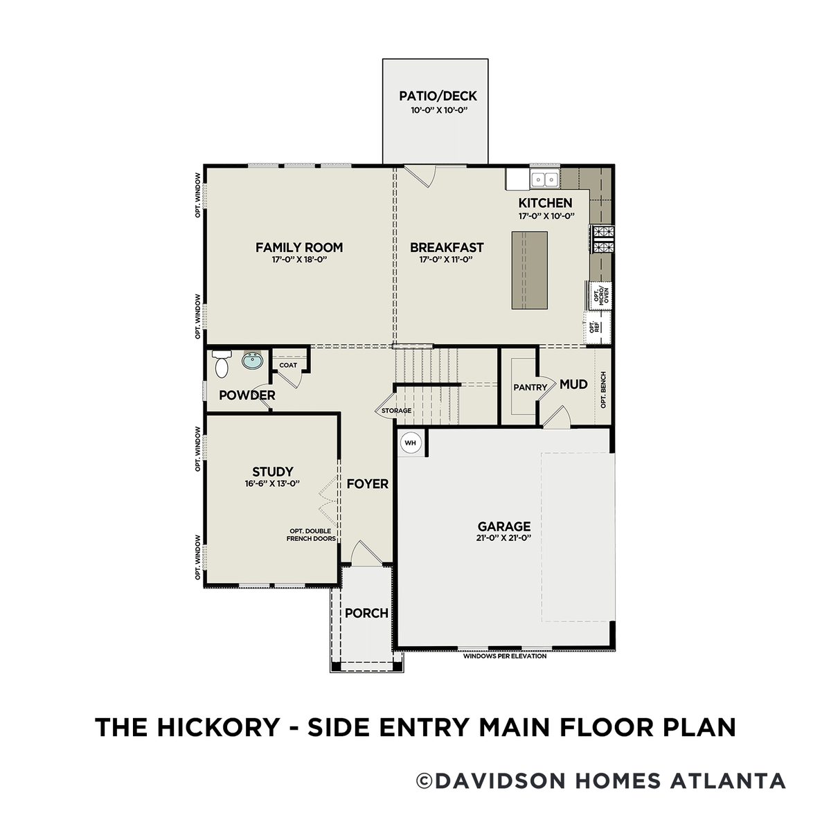 1 - The Hickory C – Side Entry floor plan layout for 105 Leveret Road in Davidson Homes' Everleigh community.