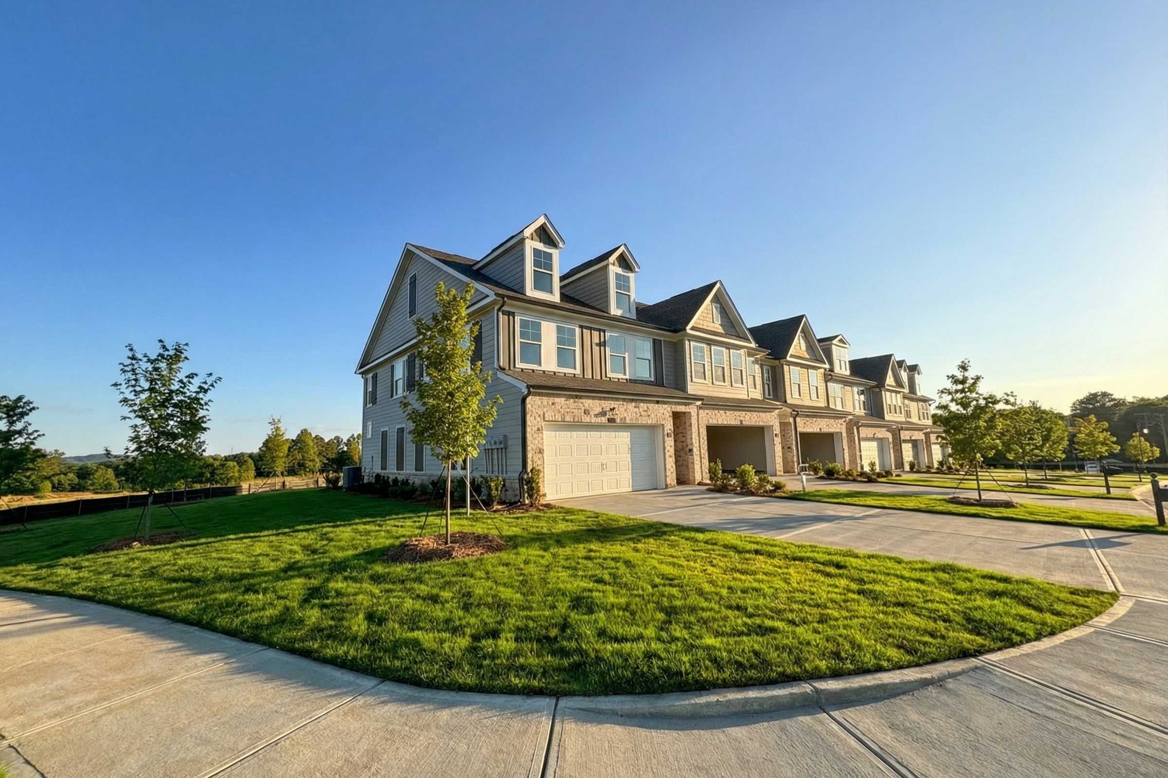 Row of modern townhomes at Hemingway in Cumming, Georgia with gabled roofs, garages, and landscaped green yards
