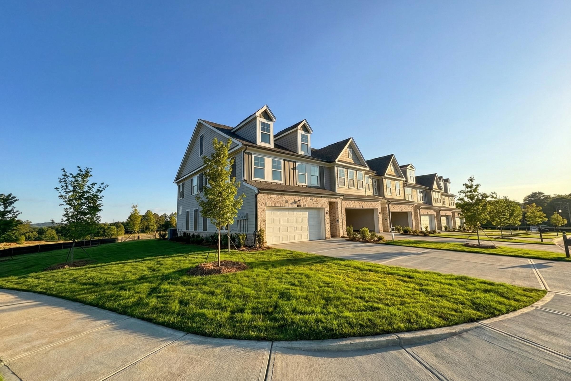 Row of modern townhomes at Hemingway in Cumming, Georgia with gabled roofs, garages, and landscaped green yards