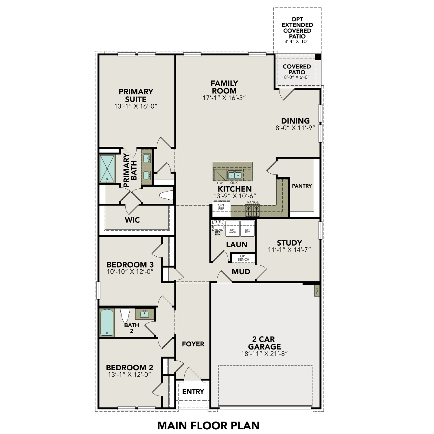 The Daphne G main floor plan showcasing primary suite, open kitchen, family room, study, and 2-car garage