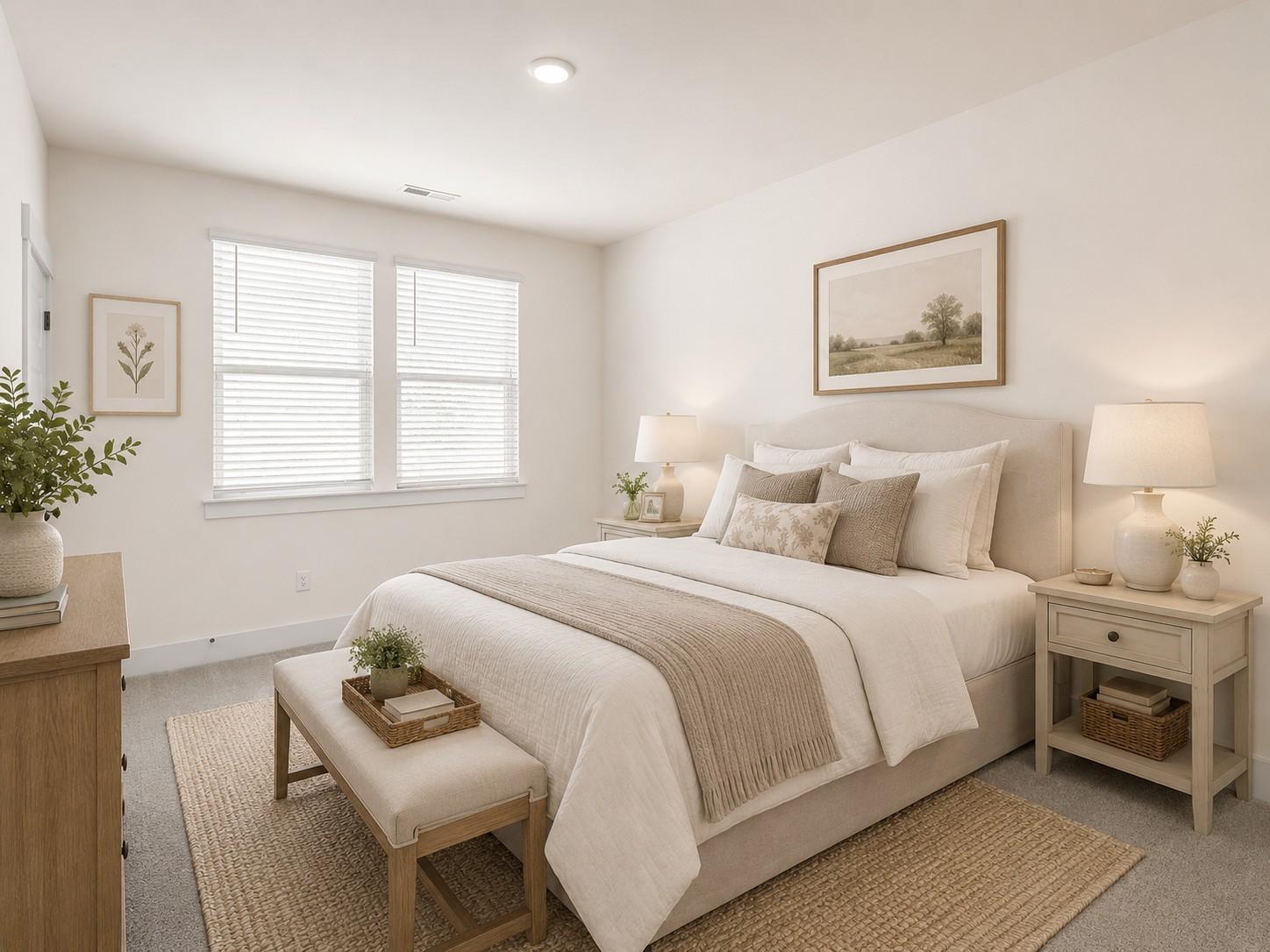 Bright, neutral-toned bedroom in The Willow floor plan at Woods Crossing, Gallatin, Tennessee.