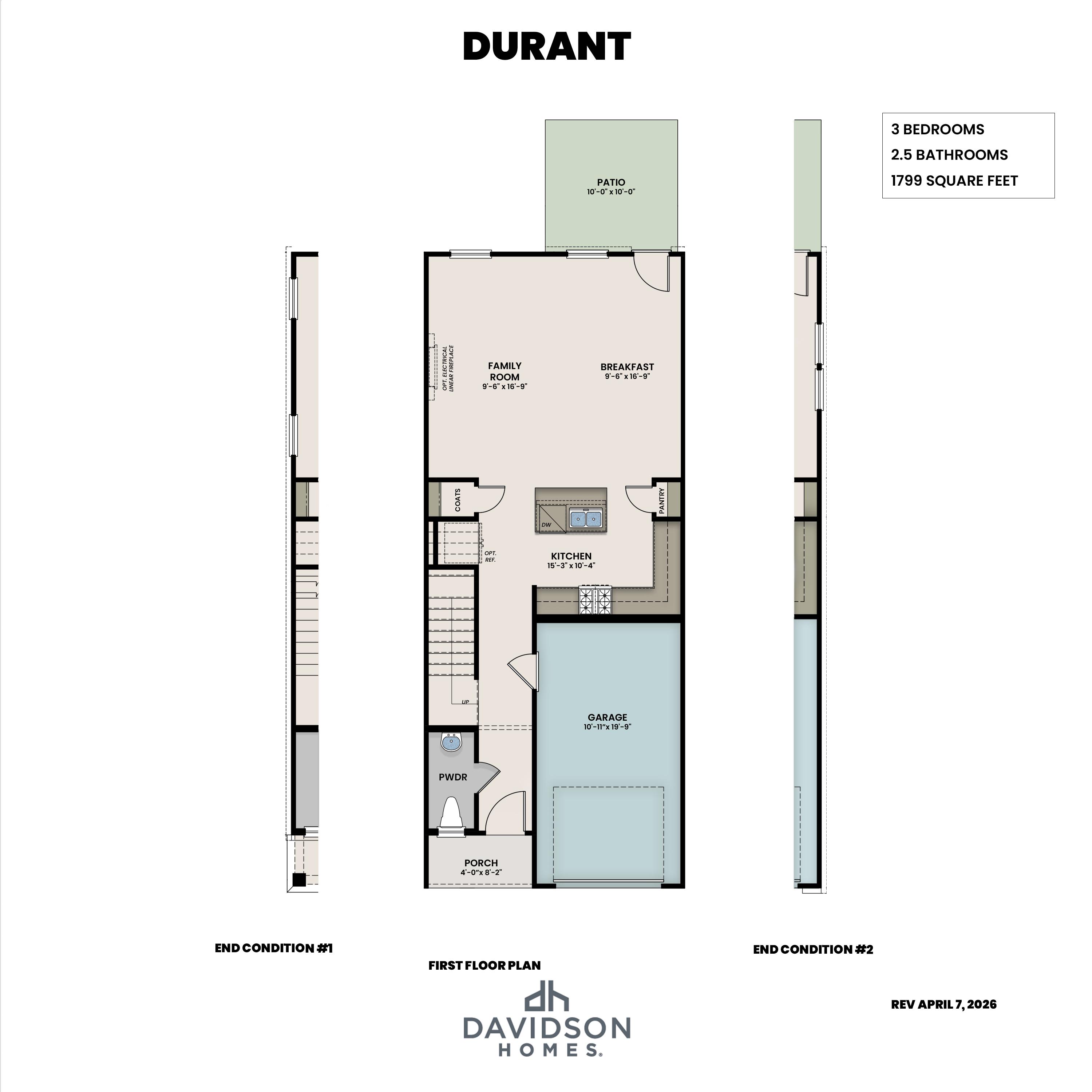 1 - The Durant D buildable floor plan layout in Davidson Homes Homes' Townes at North Main community.