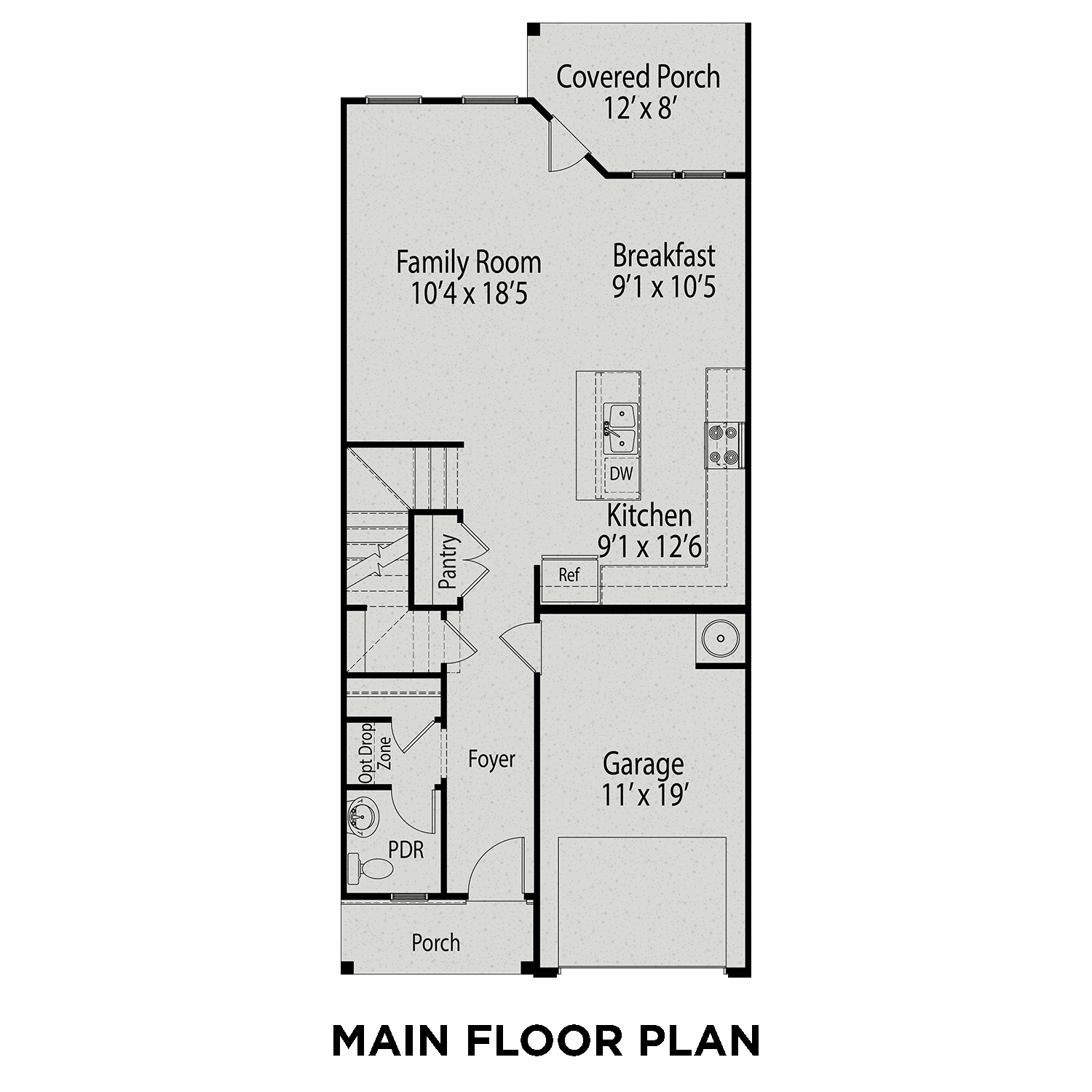 Main floor plan of The Graham: open family room, kitchen, breakfast area, foyer, and 1-car garage by Davidson Homes