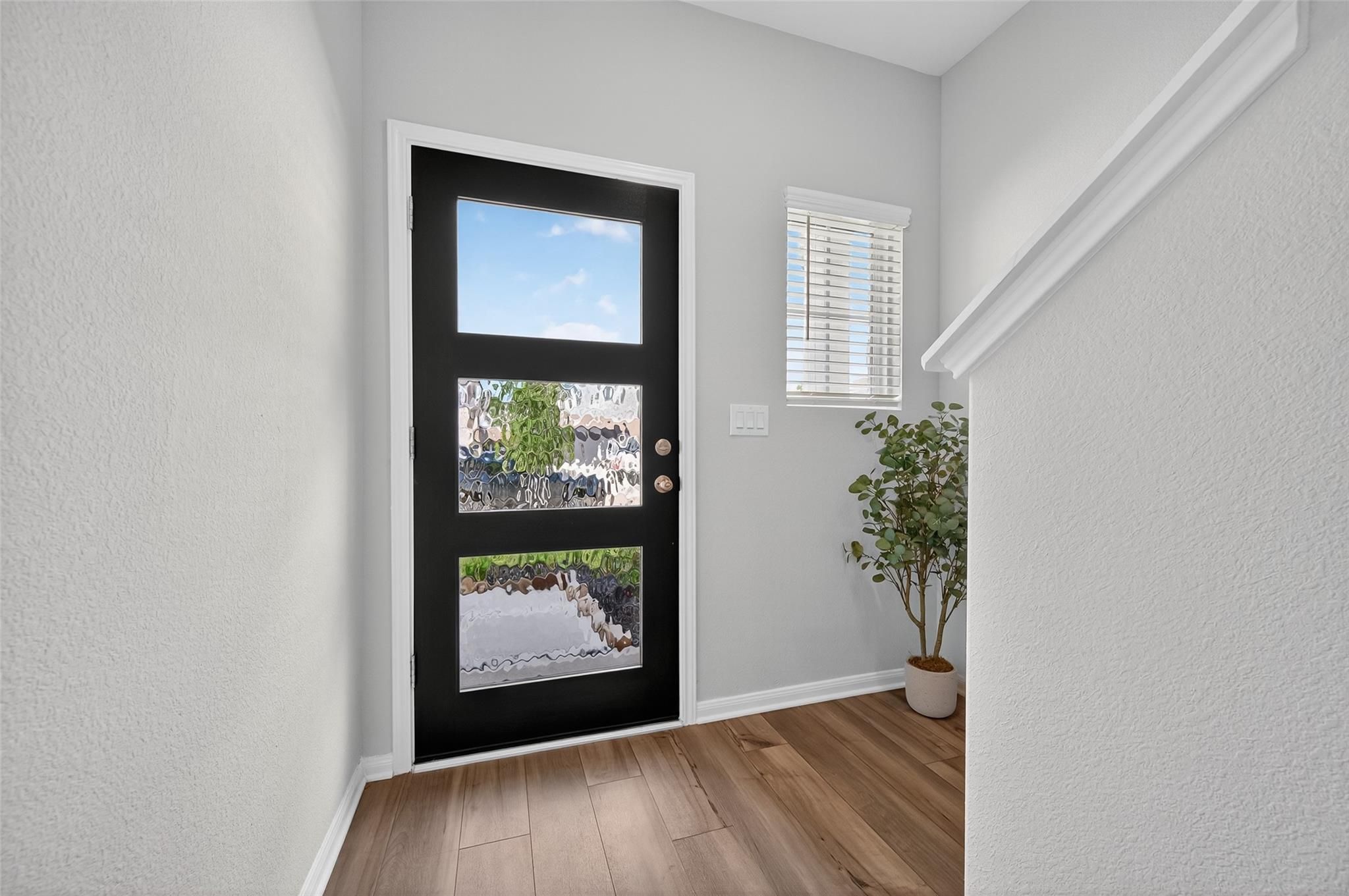 Modern entryway with black glass-paneled front door, hardwood floors, and potted plant in Davidson Homes The Brazos E, Magnolia, Texas