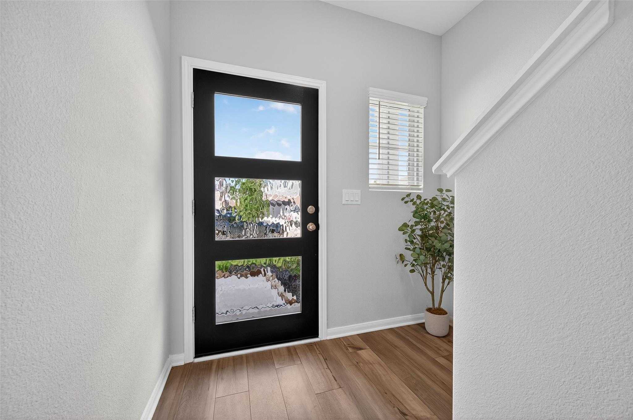 Modern entryway with black glass-paneled front door, hardwood floors, and potted plant in Davidson Homes The Brazos E, Magnolia, Texas
