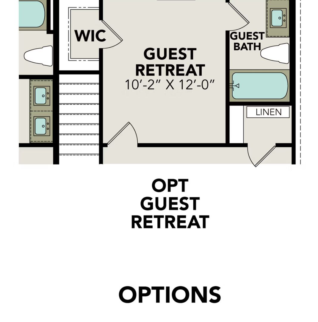 Second-floor floor plan with 10x12 guest retreat, guest bath, walk-in closet, and linen storage in Davidson Homes Douglas E, San Antonio