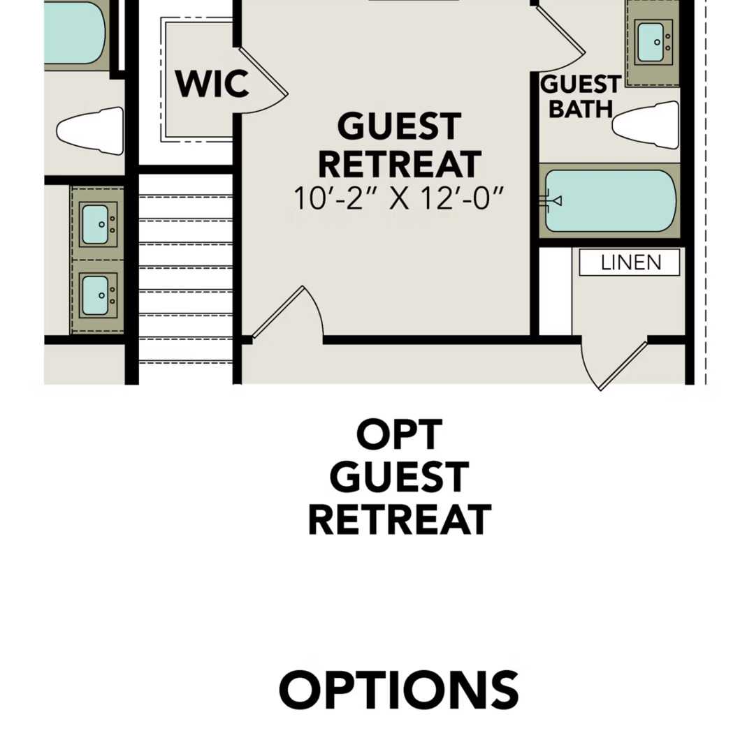 Second-floor floor plan with 10x12 guest retreat, guest bath, walk-in closet, and linen storage in Davidson Homes Douglas E, San Antonio