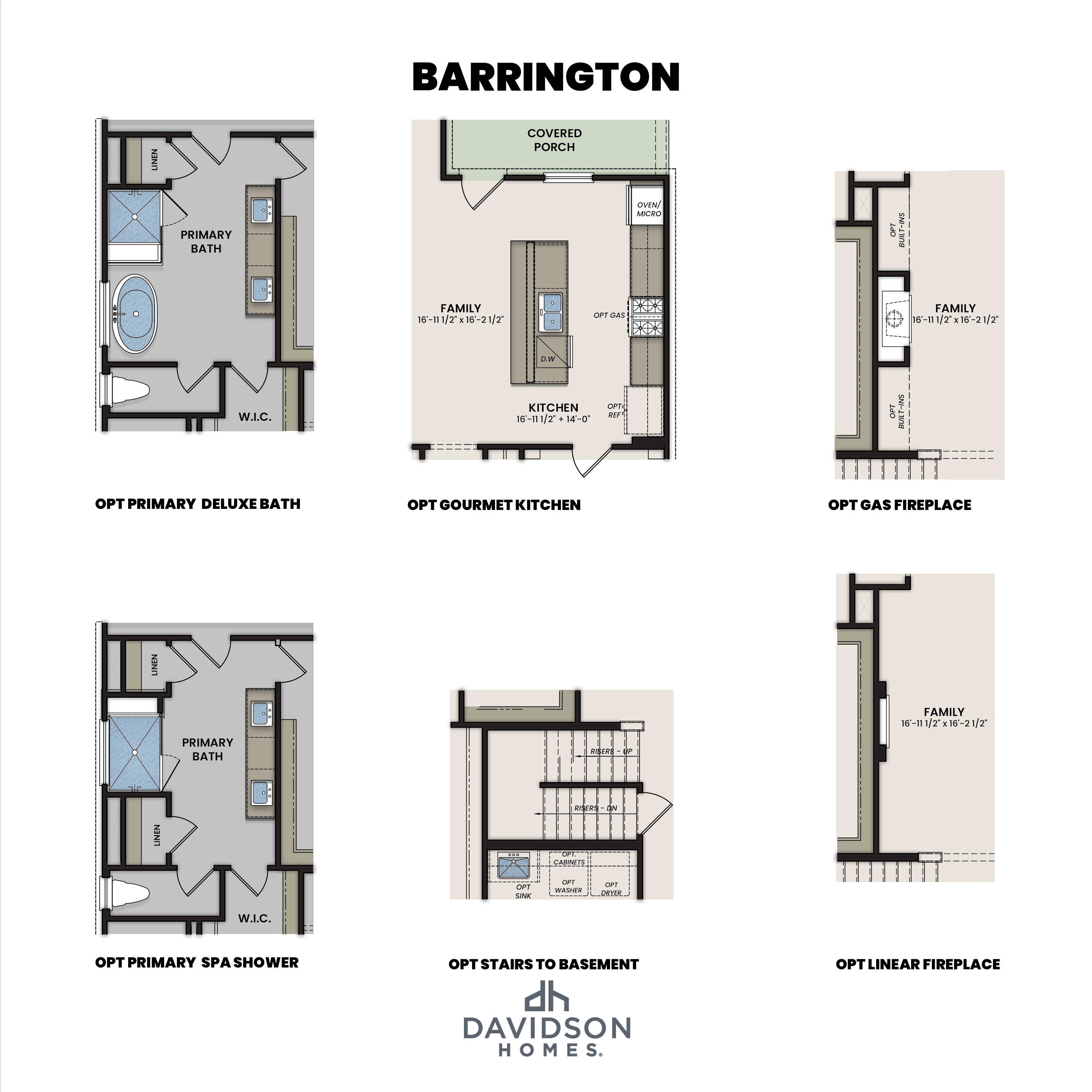 Optional floor plan layouts for The Barrington including gourmet kitchen, deluxe primary bath, and fireplace configurations.