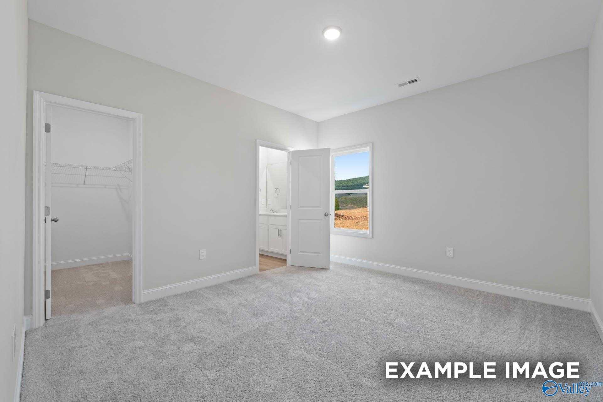Bright secondary bedroom with gray walls, carpet flooring, walk-in closet, and en-suite bath in Davidson Homes The Butler, Huntsville AL