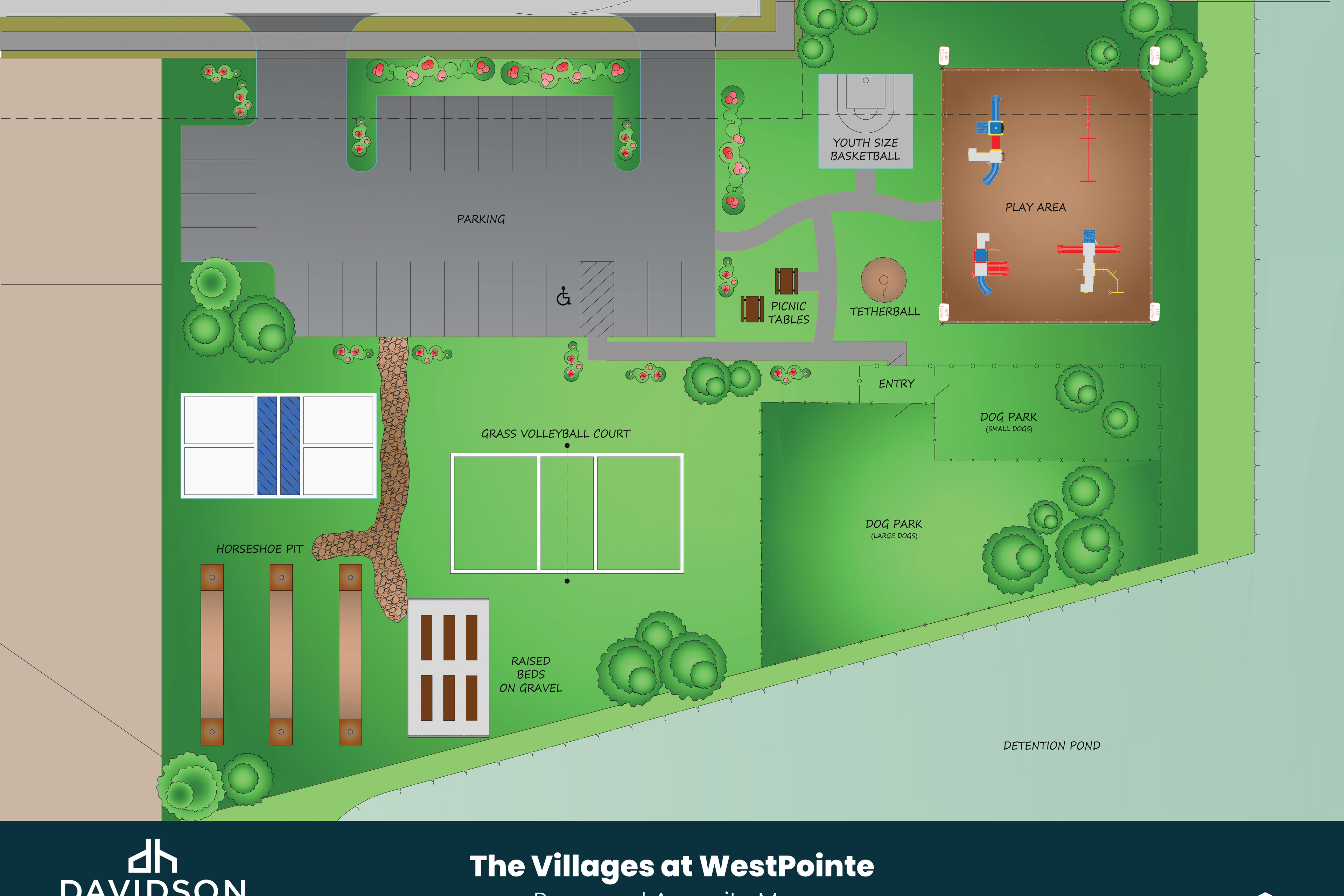 Proposed amenity map for The Villages at WestPointe in Dayton Texas by Davidson Homes featuring playground, volleyball court, dog park