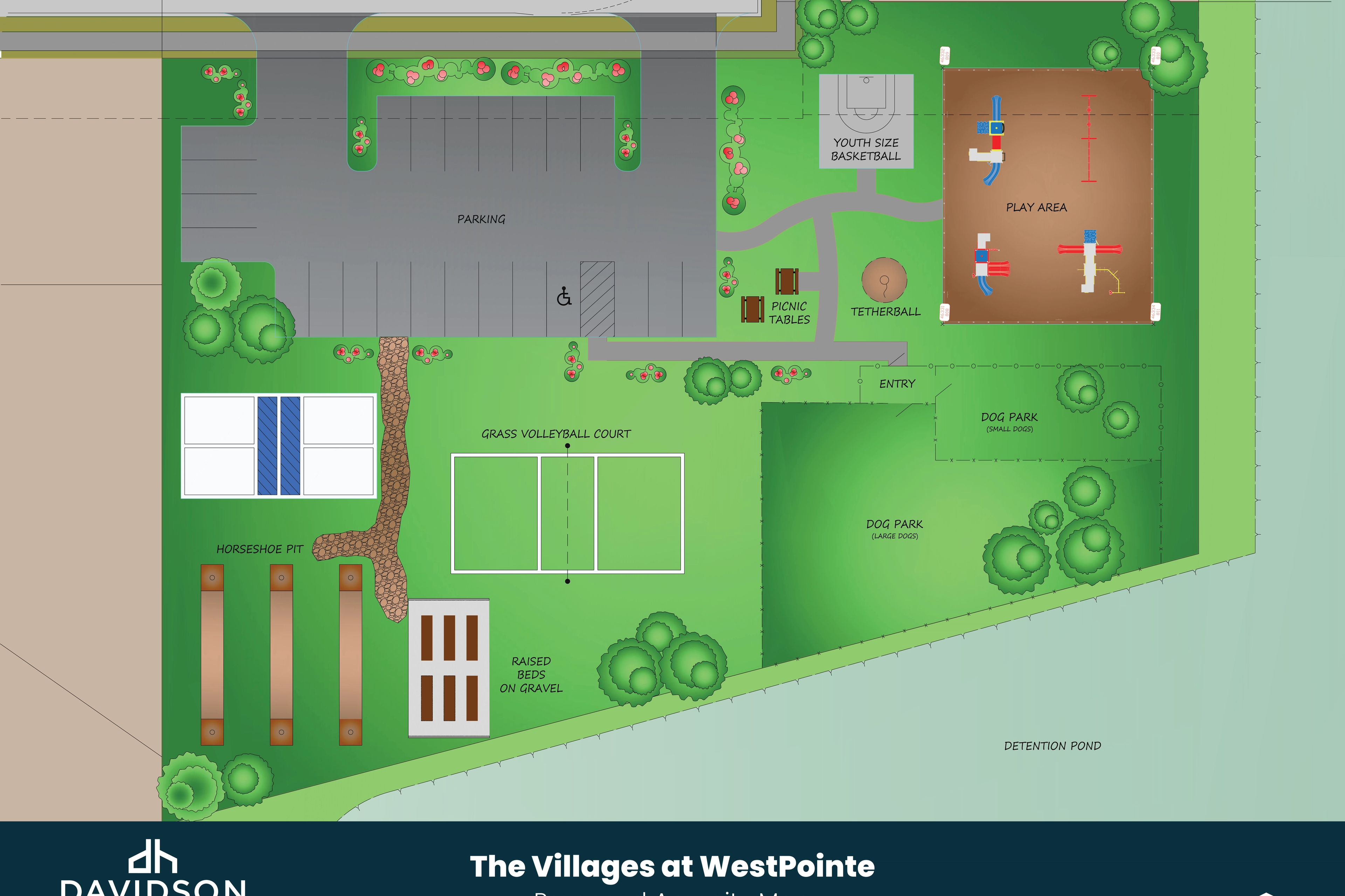 Proposed amenity map for The Villages at WestPointe in Dayton Texas by Davidson Homes featuring playground, volleyball court, dog park