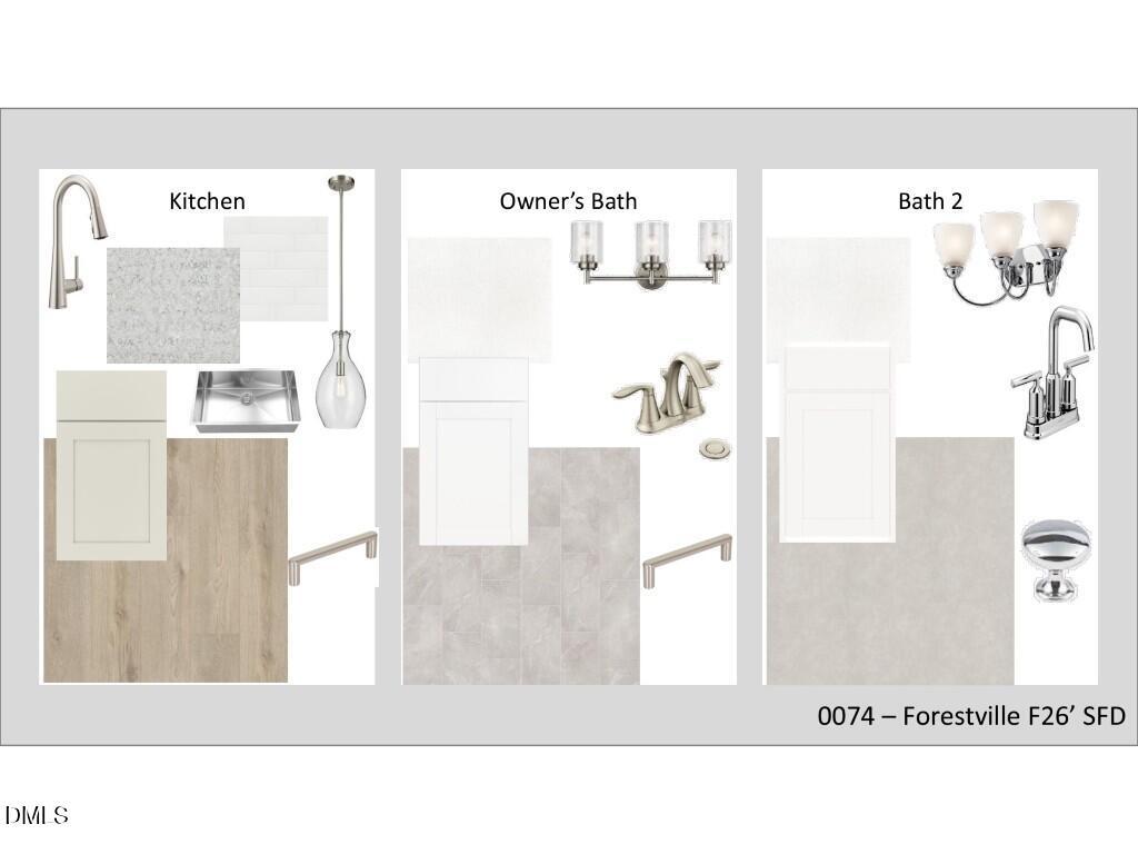 Design board with modern kitchen faucet, owner's bath vanity, and bath 2 lighting for Davidson Homes The Burke in Knightdale, NC
