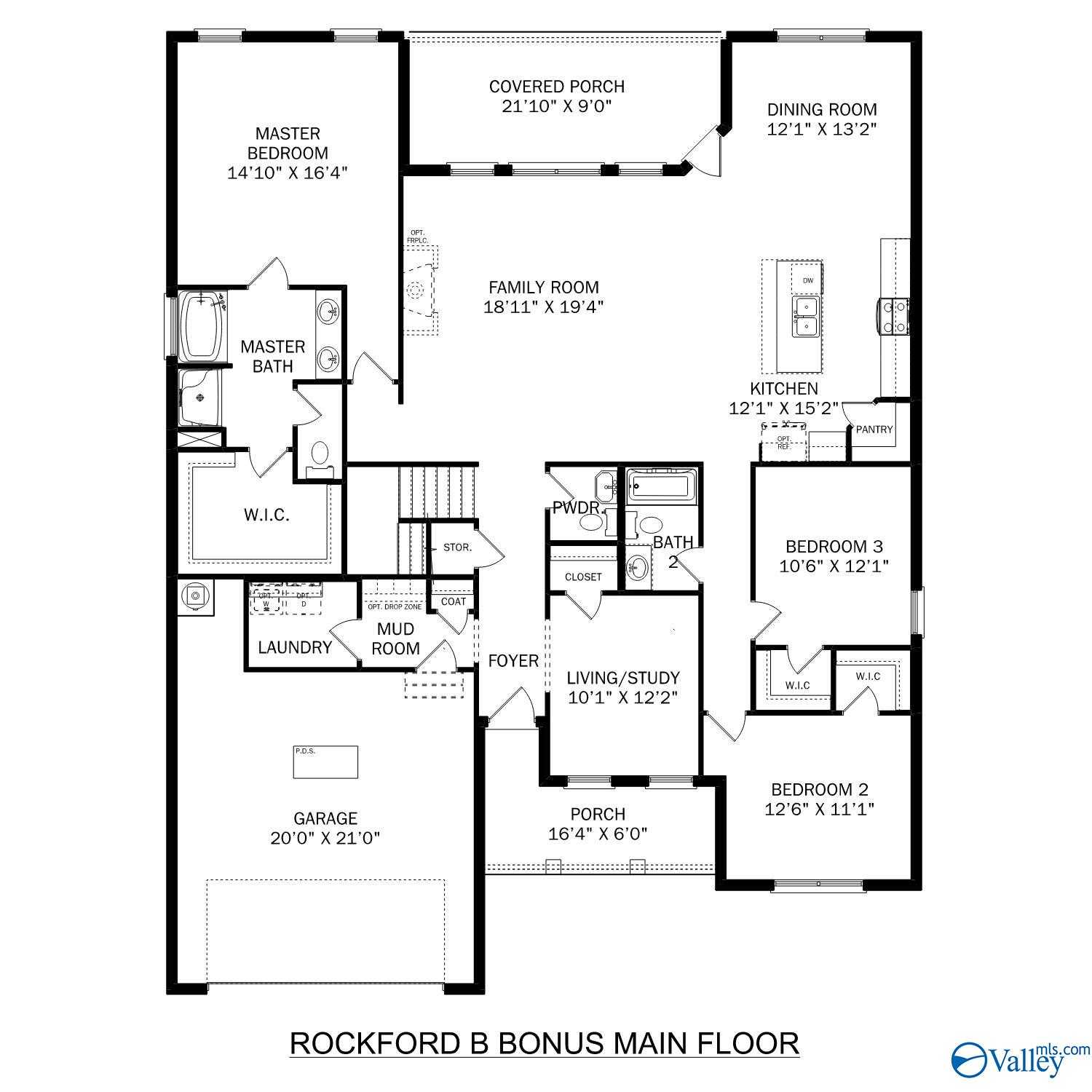 Rockford B with Bonus main floor plan: 3-bed, 2.5-bath layout with open kitchen, family room, 3-car garage in Toney, AL home