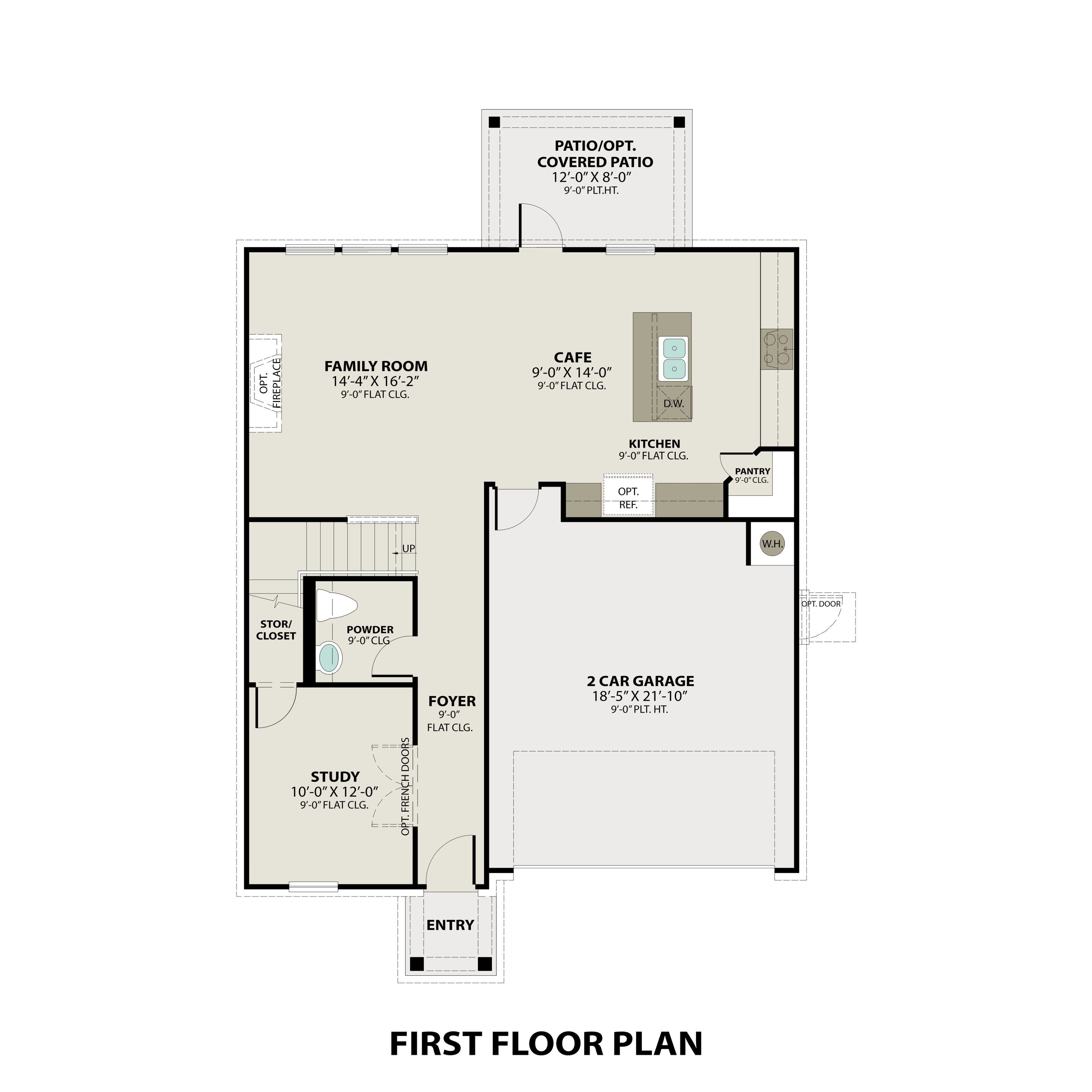 First floor plan of The Logan A showcasing open family room, cafe, kitchen, study, and 2-car garage