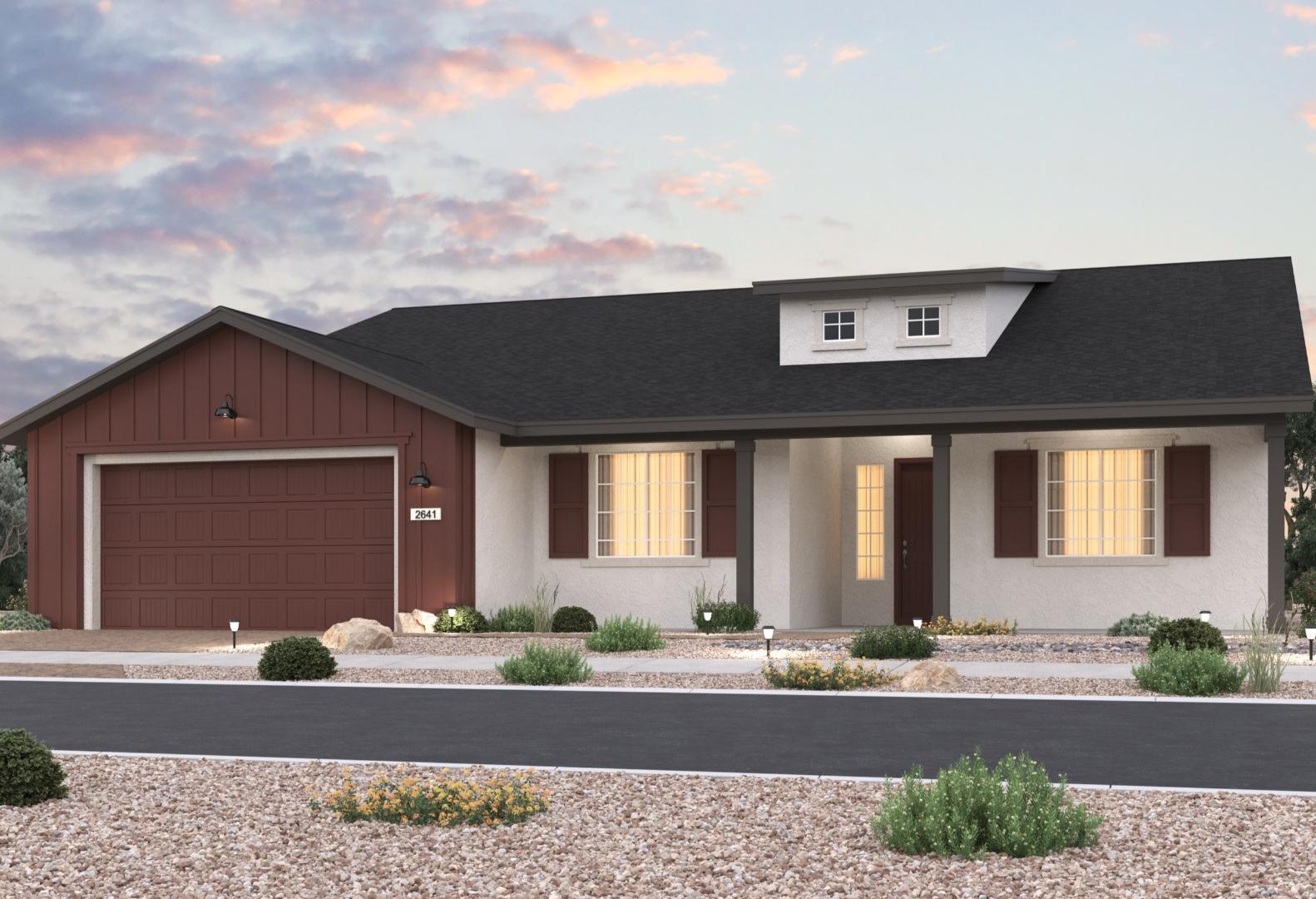 The Sunrise II single-story home elevation in Prescott AZ, featuring red 2-car garage, beige stucco siding, and desert landscaping at dusk