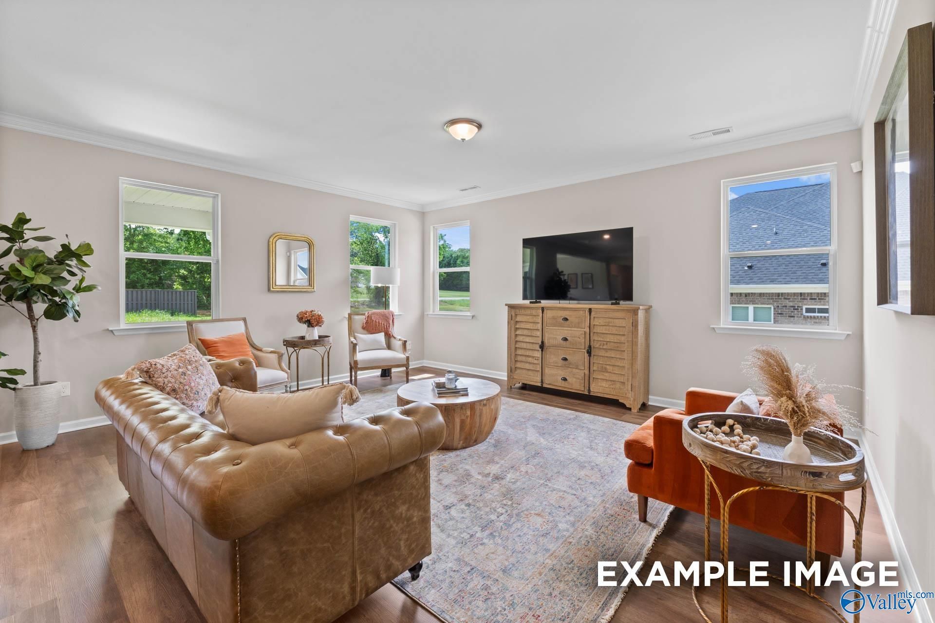 Inviting living room with tan leather sofa, wooden credenza, large windows, TV, and potted plants in Evermore Homes The Arcadia, Owens Cross Roads, AL