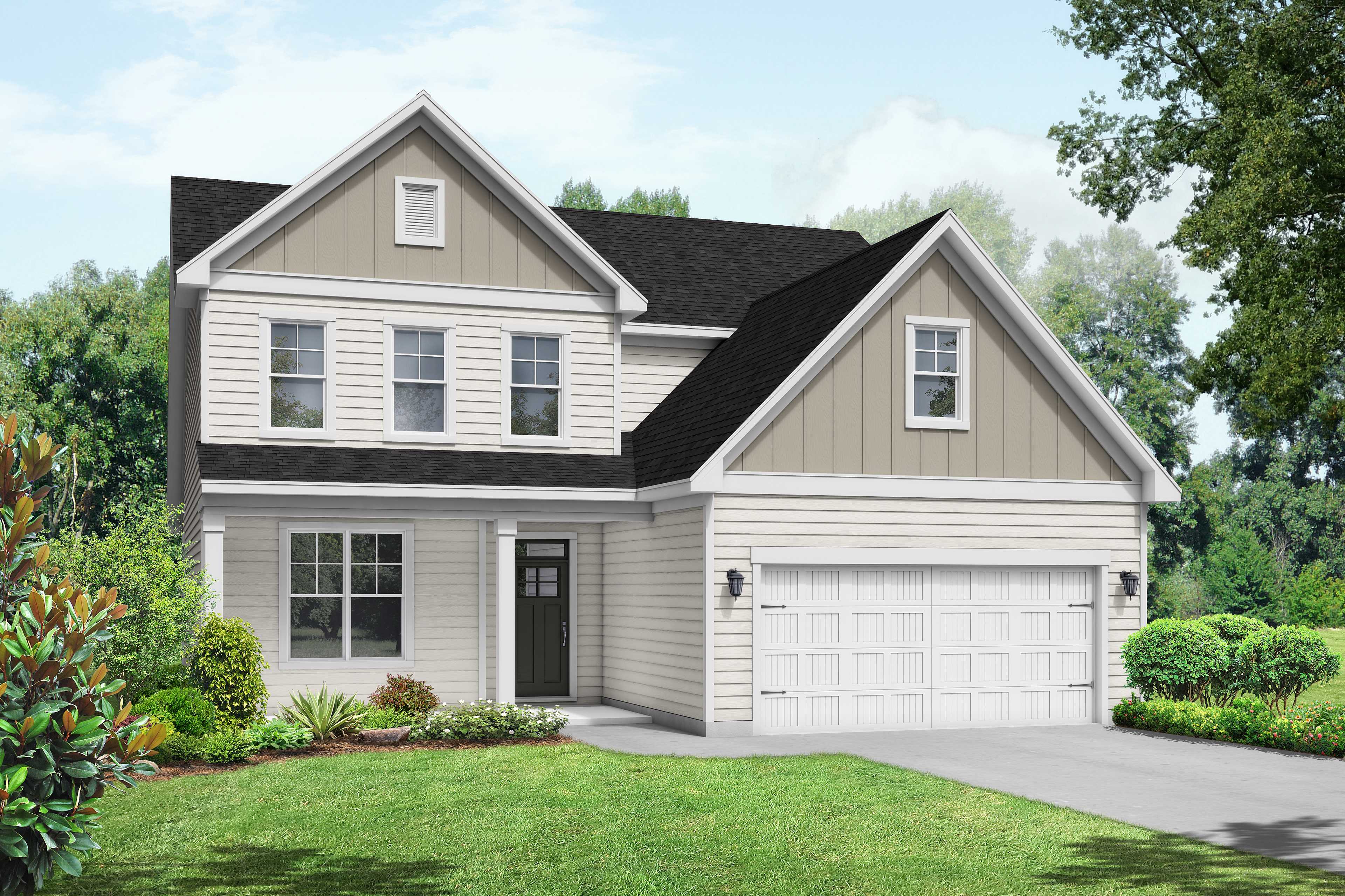 Two-story The Ash home elevation by Davidson Homes in Lillington NC featuring beige siding, gabled roof, and two-car garage