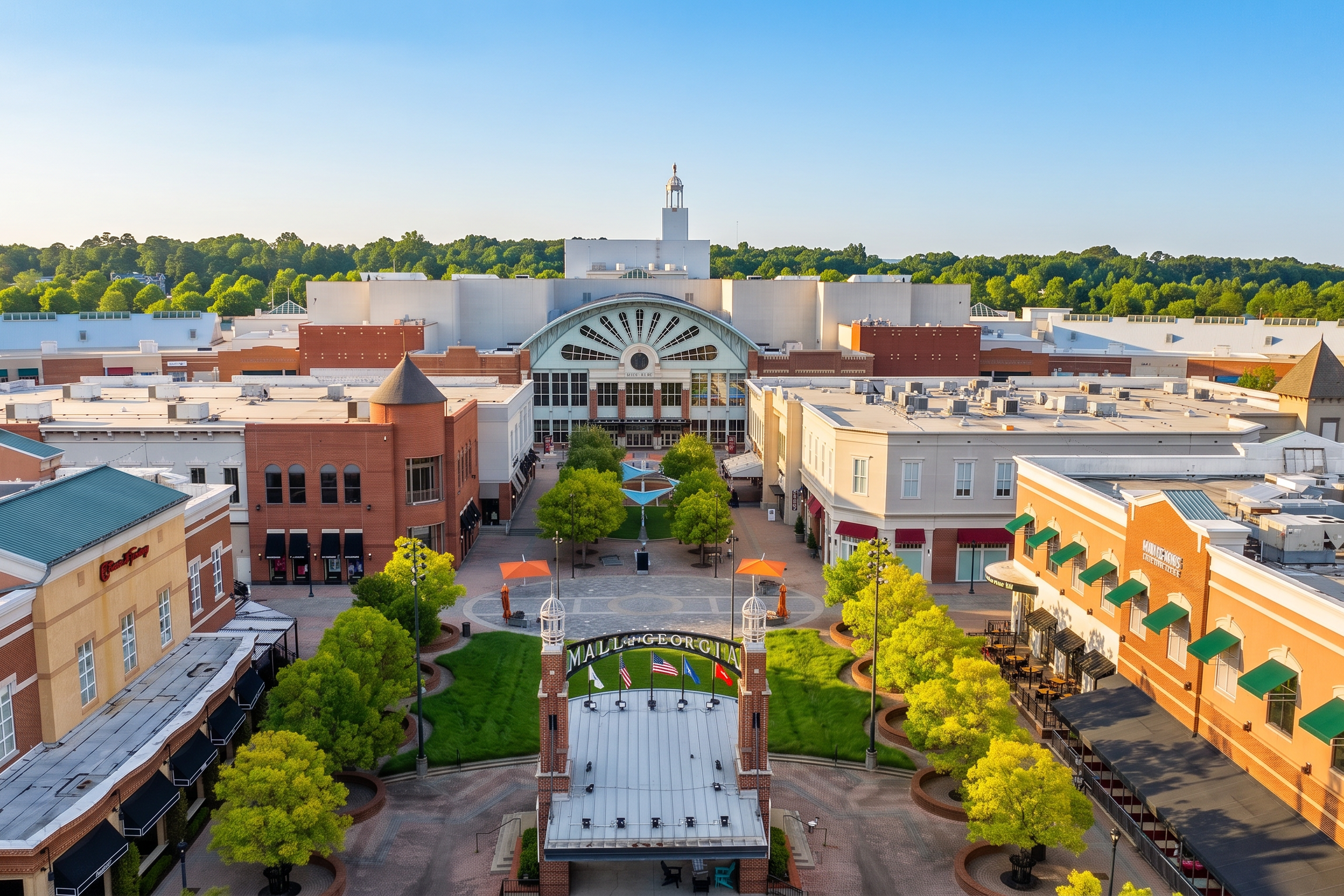 Aerial view of Mall of Georgia near Melody Lakeside Estates in Buford, GA, featuring shopping plazas and green spaces.