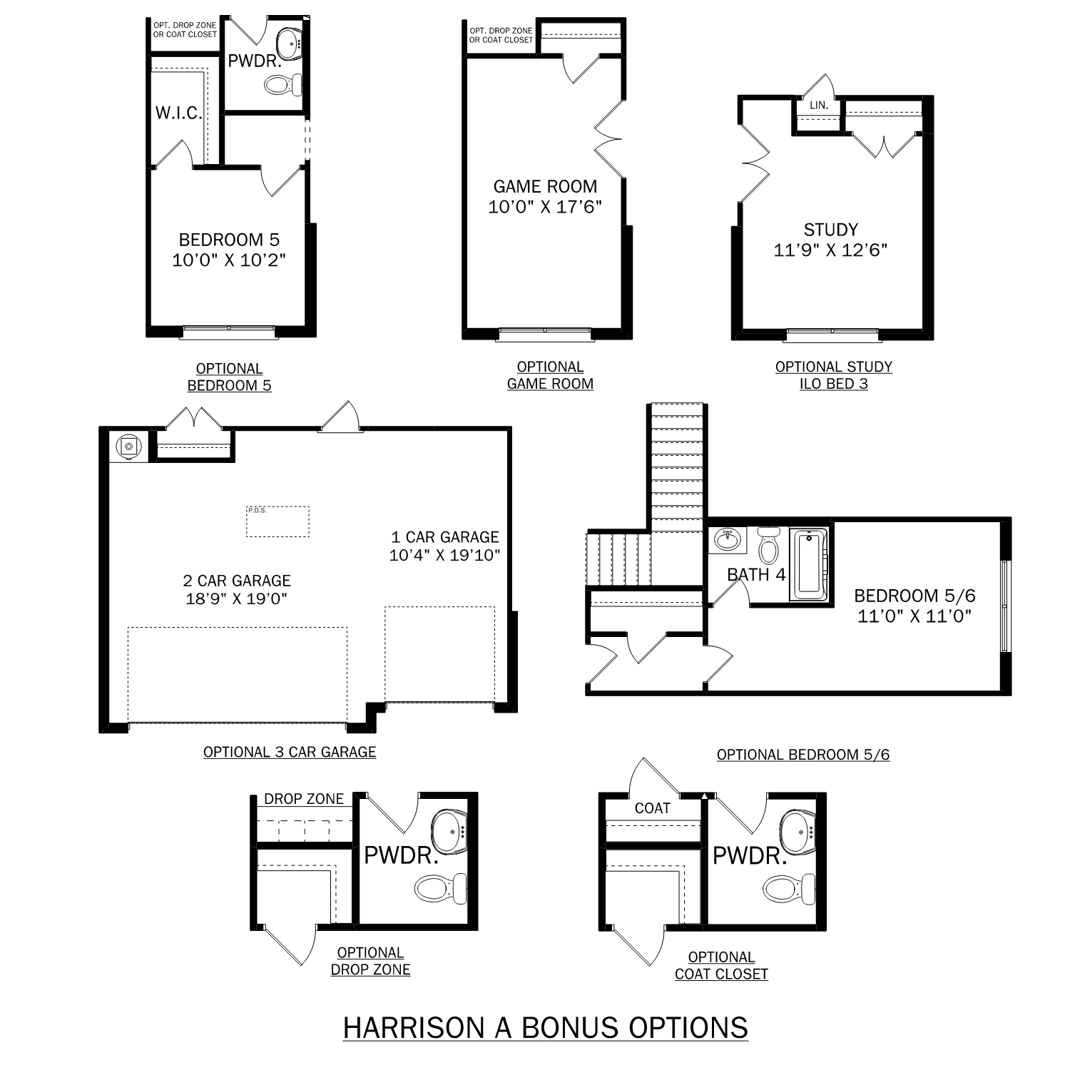 The Harrison upper-level floor plan with optional Bedroom 5, 10x17 game room, 11x12 study, and 2-3 car garage