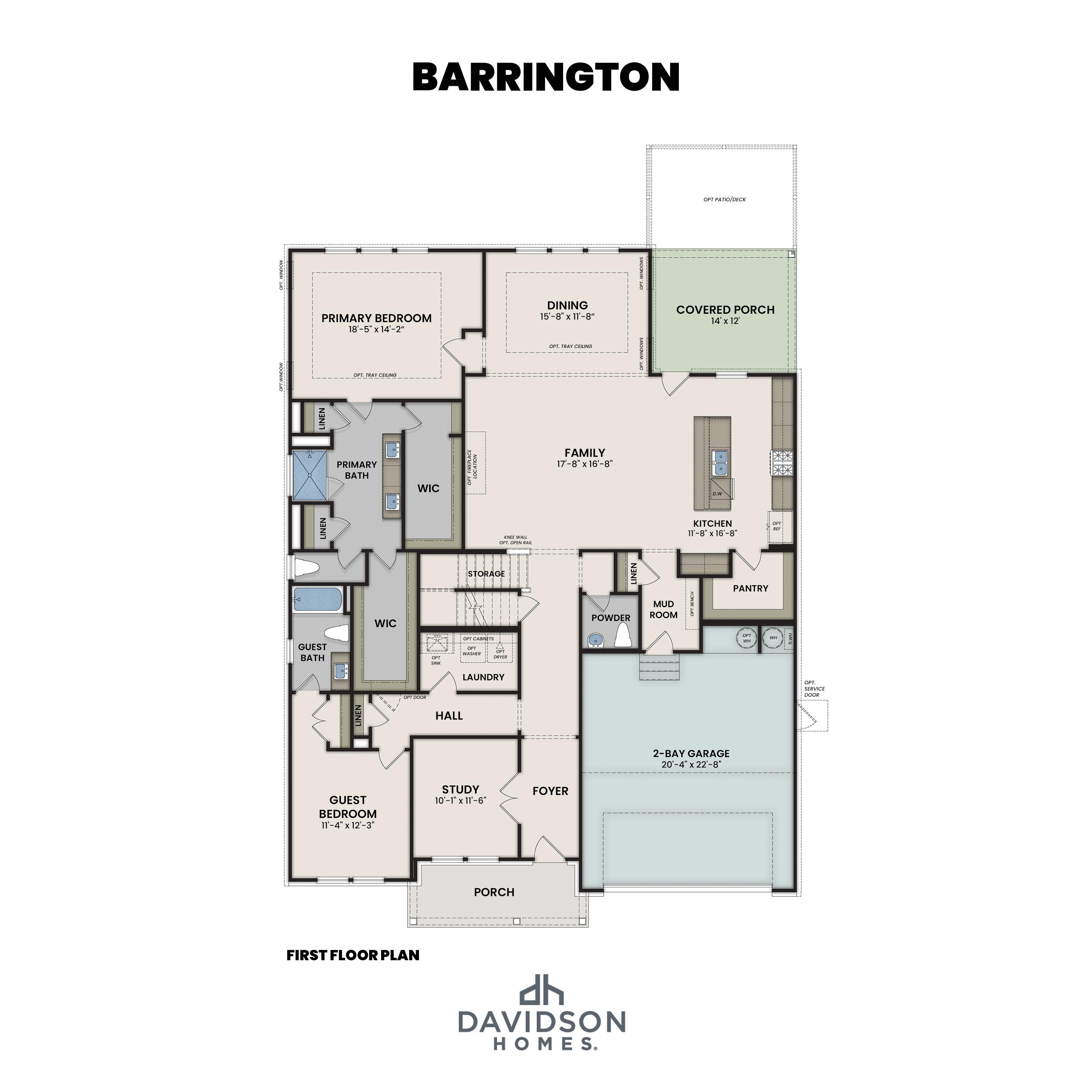 First-floor layout of The Barrington featuring a primary suite, open-concept kitchen, and 2-car garage by Davidson Homes.