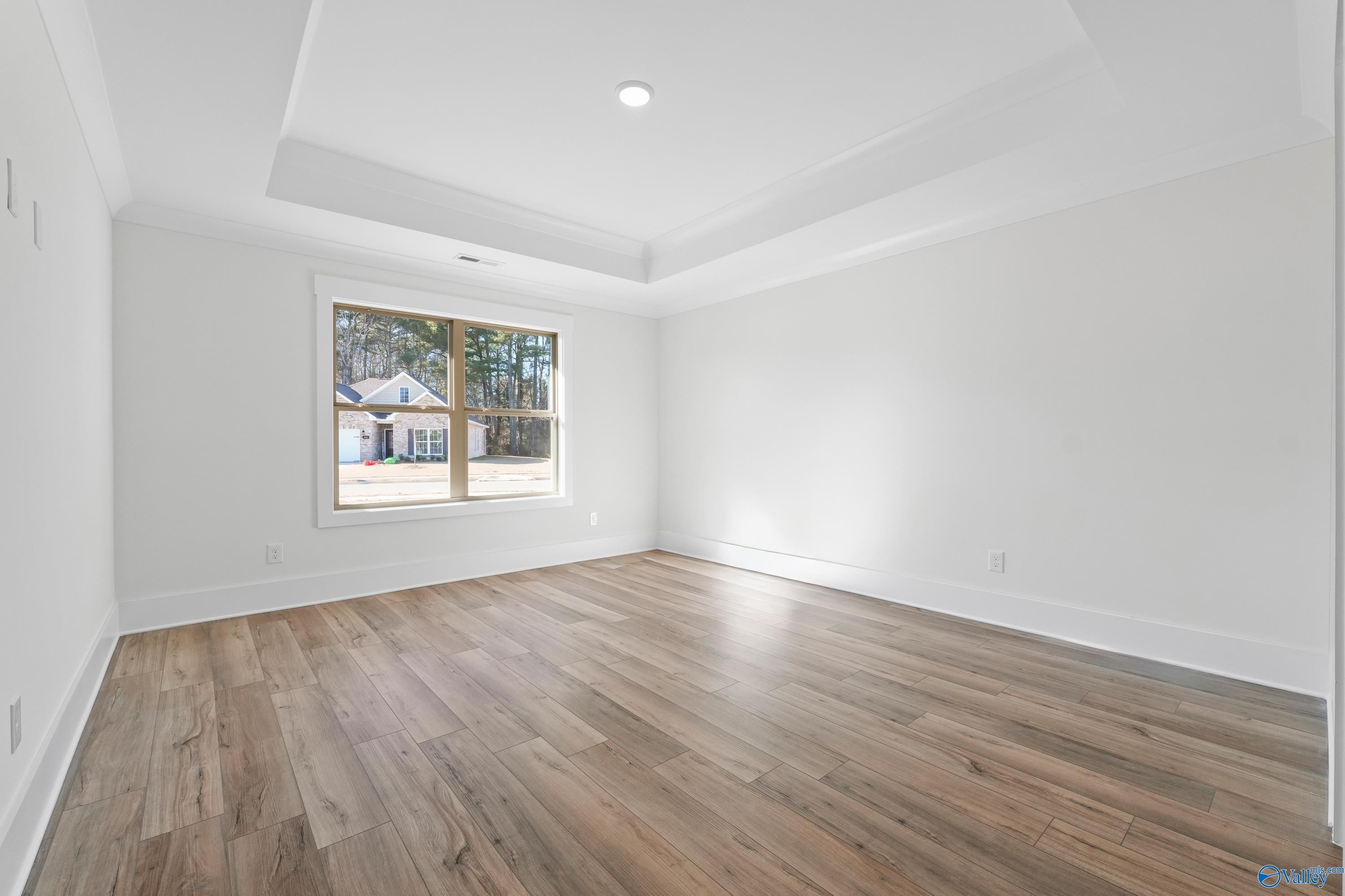 Bright bedroom with tray ceiling, large window view of trees, and light wood floors in Davidson Homes The Daphne C, Arab, Alabama