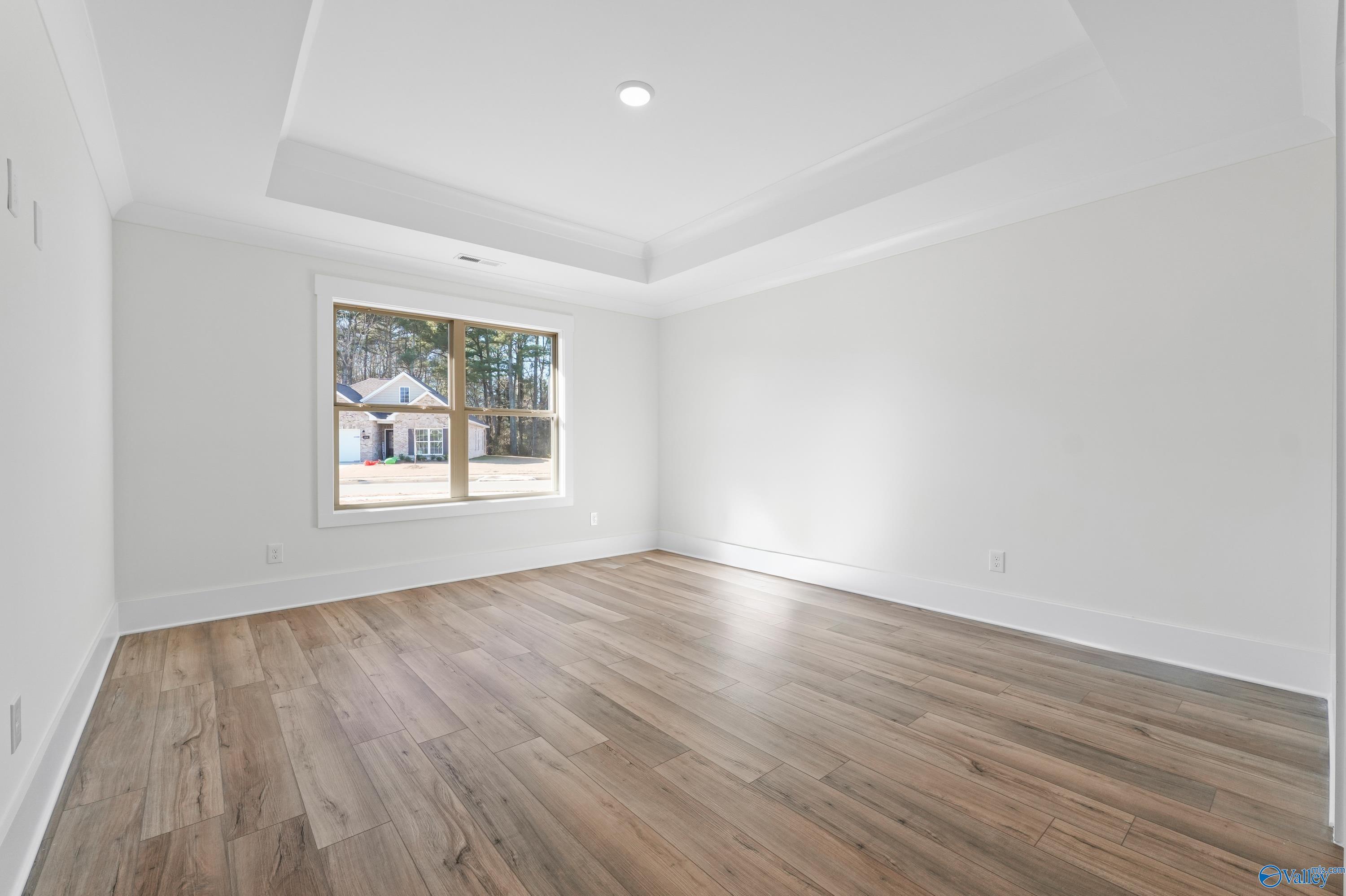Bright bedroom with tray ceiling, large window to wooded view, and luxury vinyl plank flooring in Davidson Homes The Daphne C, Arab, Alabama
