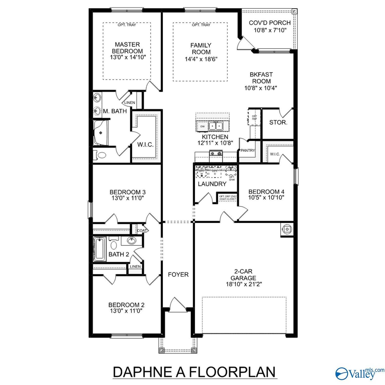 The Daphne A floor plan: 4-bedroom, 2-bath, 1,964 sq ft single-story home with open kitchen, family room, and 2-car garage in Athens, Alabama