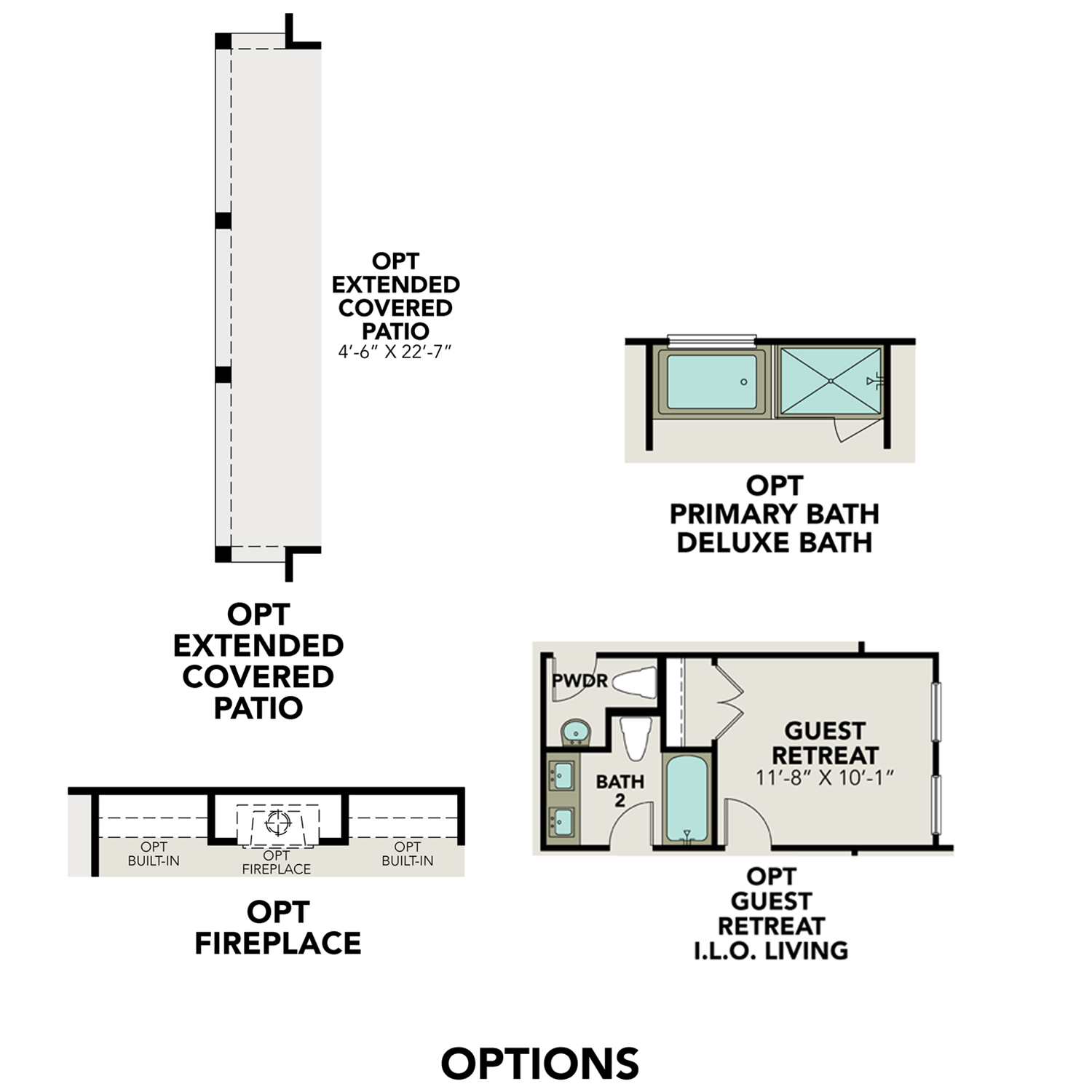 The Rockford floor plan detail featuring optional extended covered patio, built-in fireplace, and deluxe primary bath with guest suite