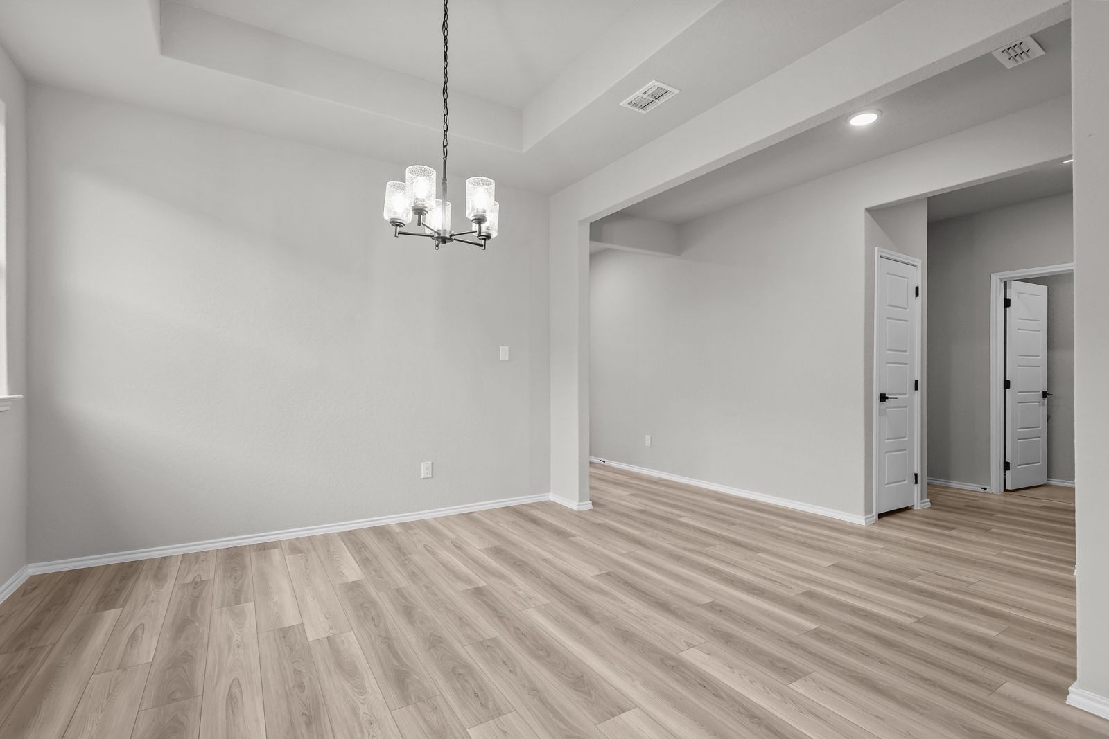 Bright dining area with tray ceiling and modern chandelier in The Glenwood E floor plan by Davidson Homes.
