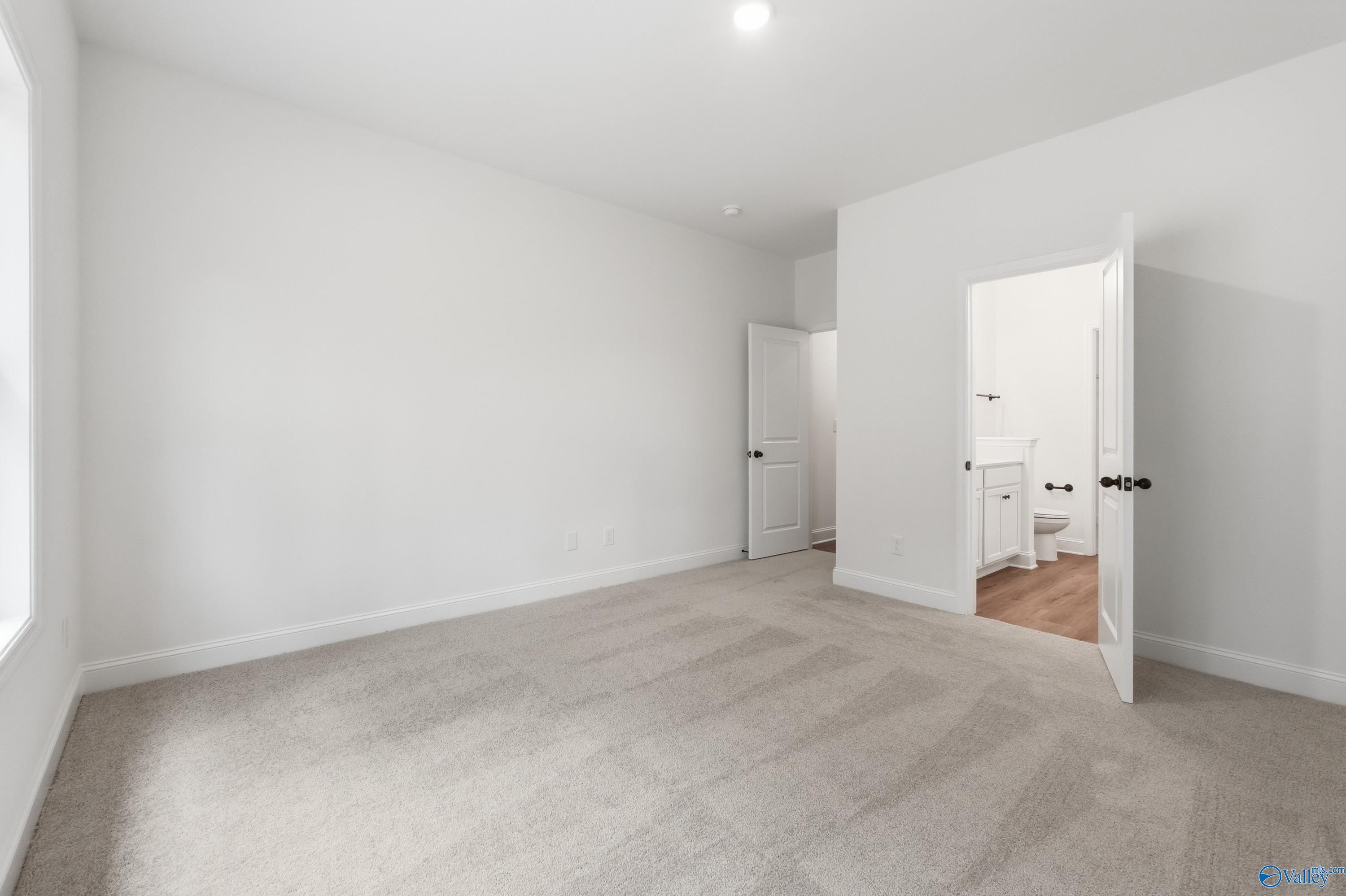 Bright master bedroom with en-suite bathroom, white walls, carpet flooring in Davidson Homes The Asheville C, Arab, Alabama