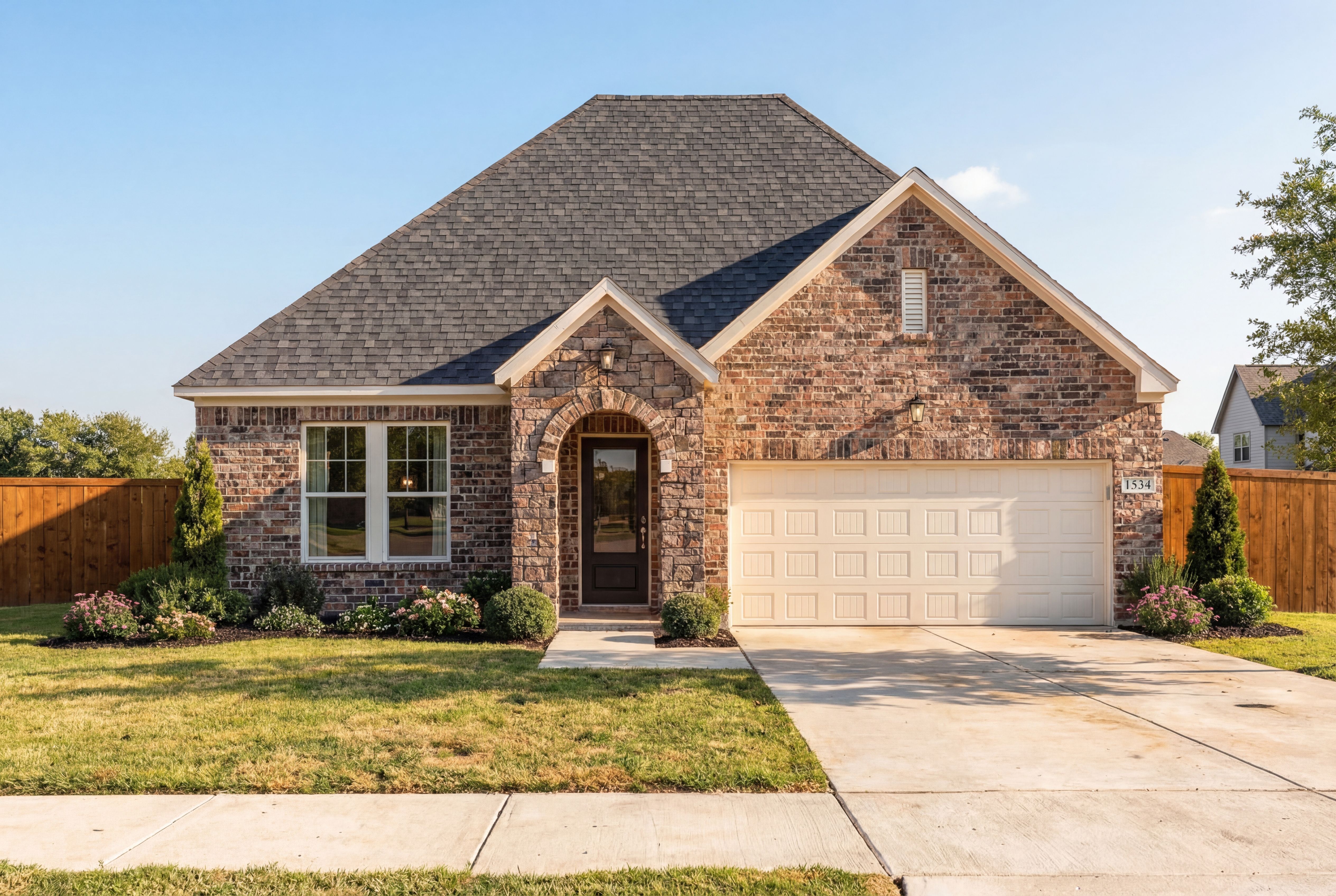 Single-story brick home The Laurel N in Royse City TX, arched entry, 2-car garage, landscaped yard