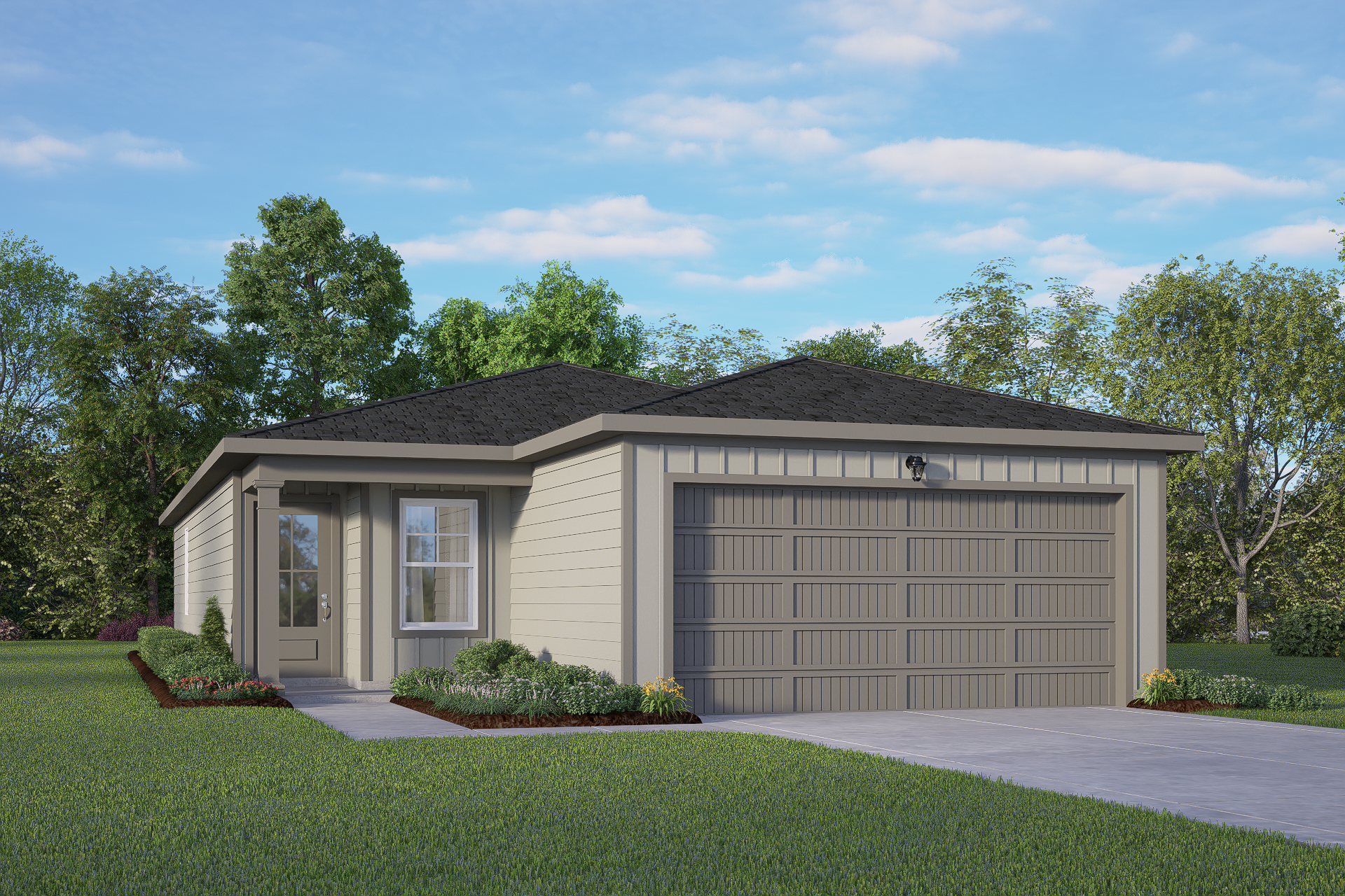 Front elevation of Colorado A single-story home with beige siding, dark shingle roof, 2-car garage, and landscaped yard in San Antonio