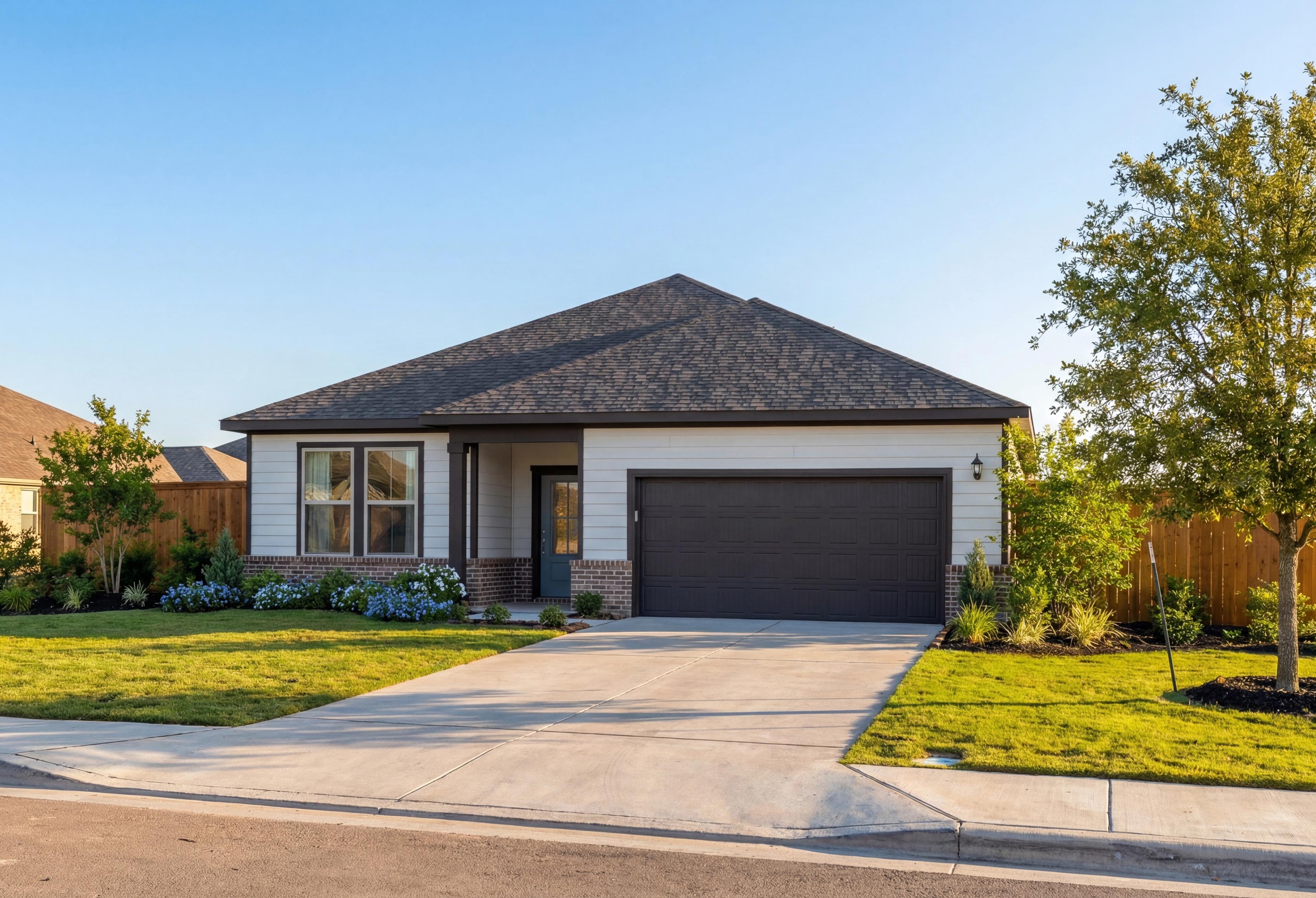 Modern single-story Glenwood home elevation with 2-car garage, brick accents, and landscaped yard in San Antonio