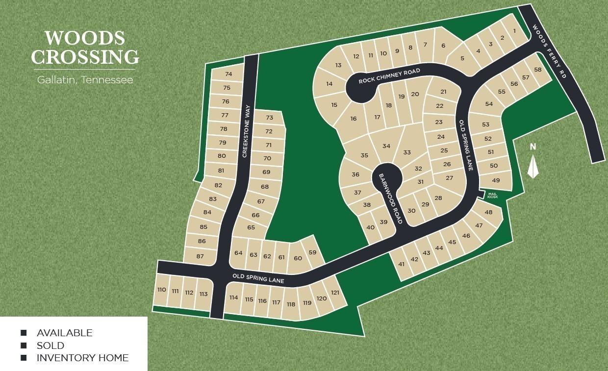 Woods Crossing site plan in Gallatin, Tennessee, showing available lots, sold homes, and streets like Rock Chimney Road