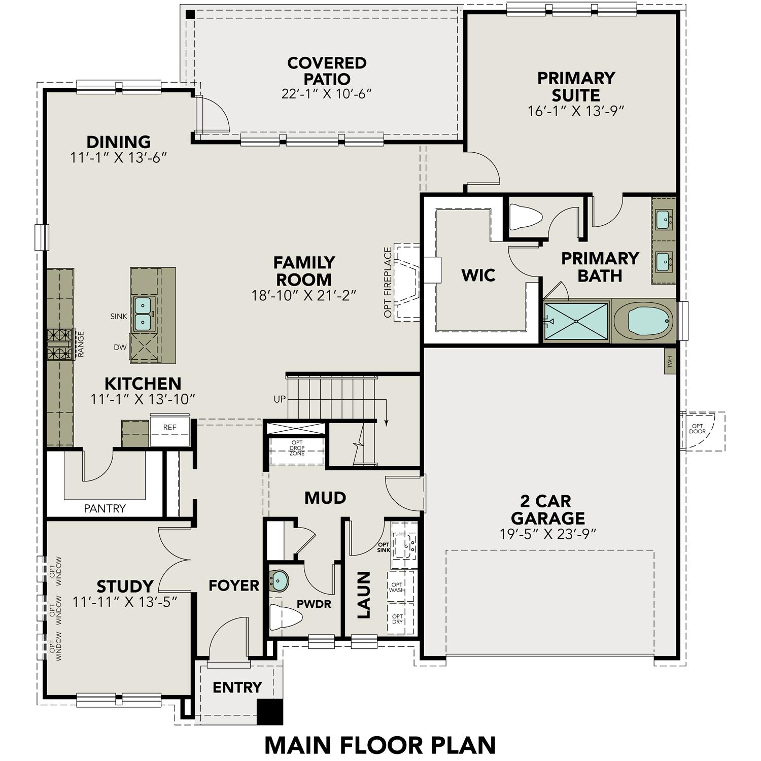 First floor plan of The Philip B showcasing primary suite, open kitchen, family room, study, and 2-car garage by Davidson Homes