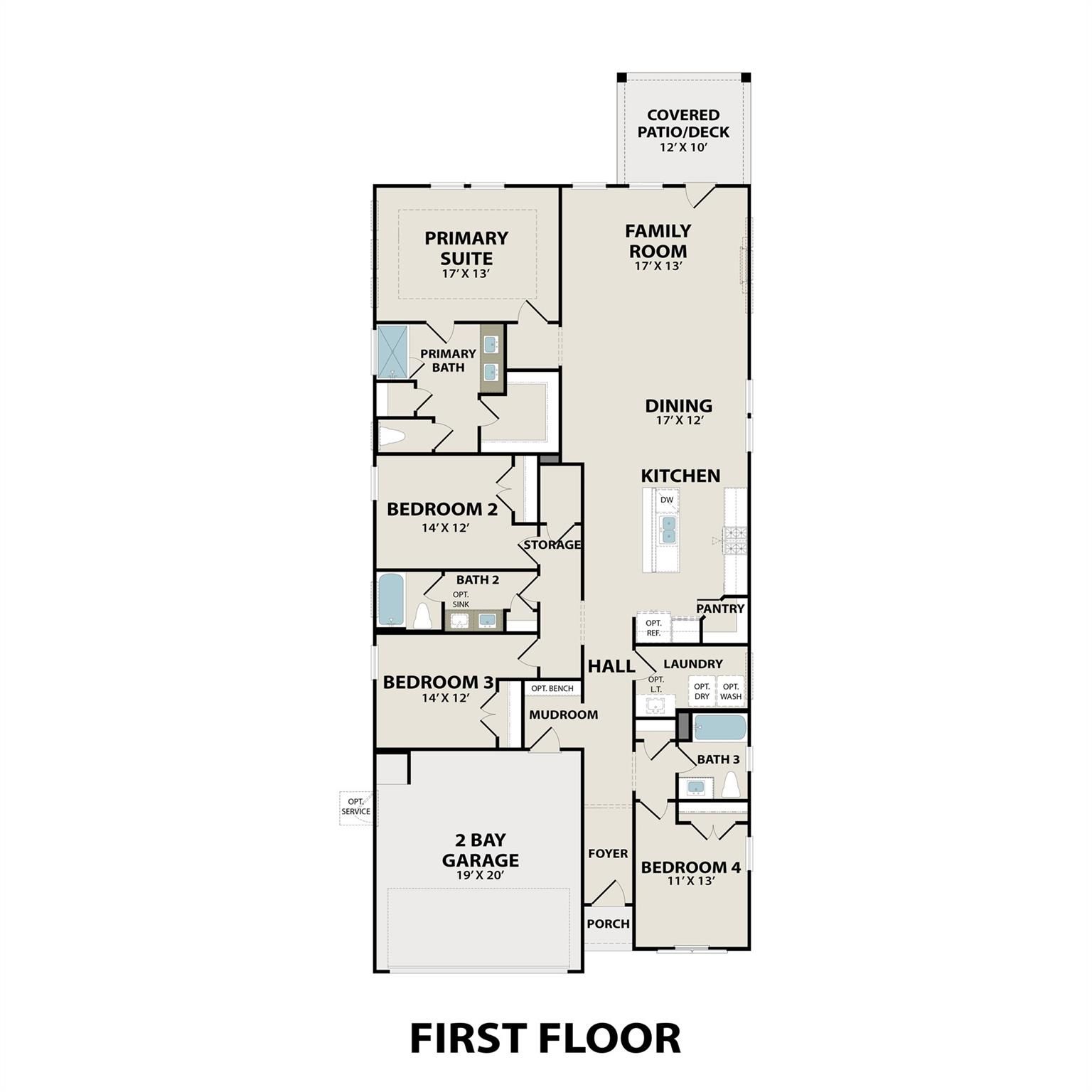 Detailed first-floor plan of The Luna L 4-bedroom, 3-bath home by Davidson Homes in Sunterra, Katy, Texas
