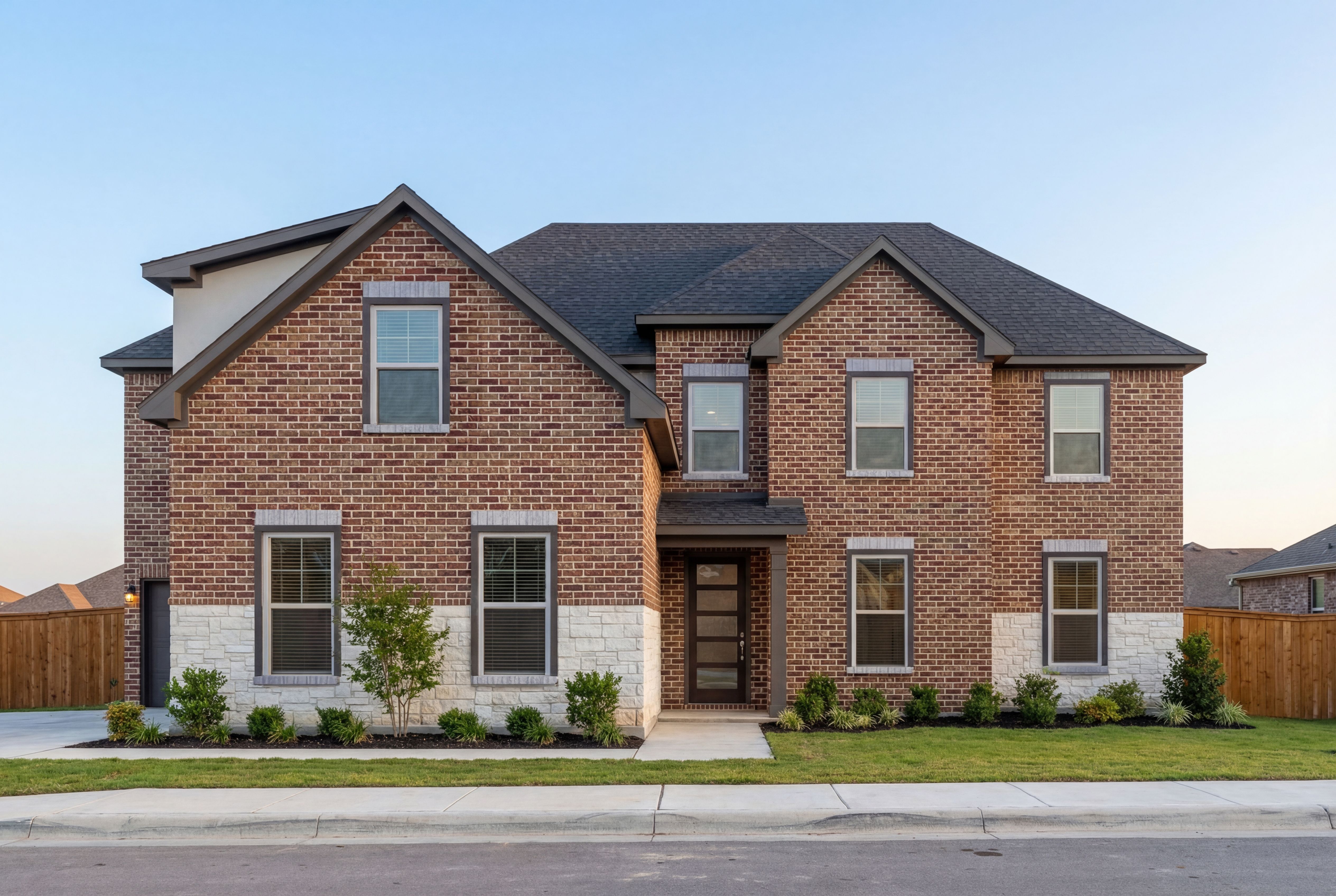 Two-story Ashford home elevation with brick and stone facade, dark shingled roof, large windows, and landscaped yard in Castroville Texas