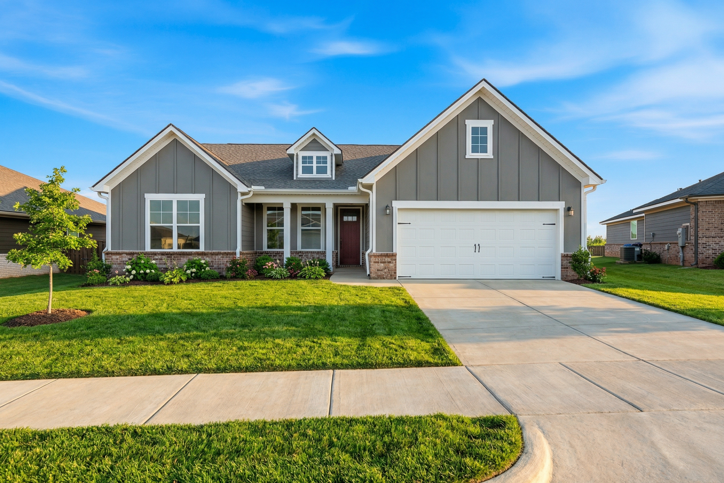 Gray craftsman home exterior at Anderson Farm in Athens Alabama with covered porch, attached garage and manicured lawn