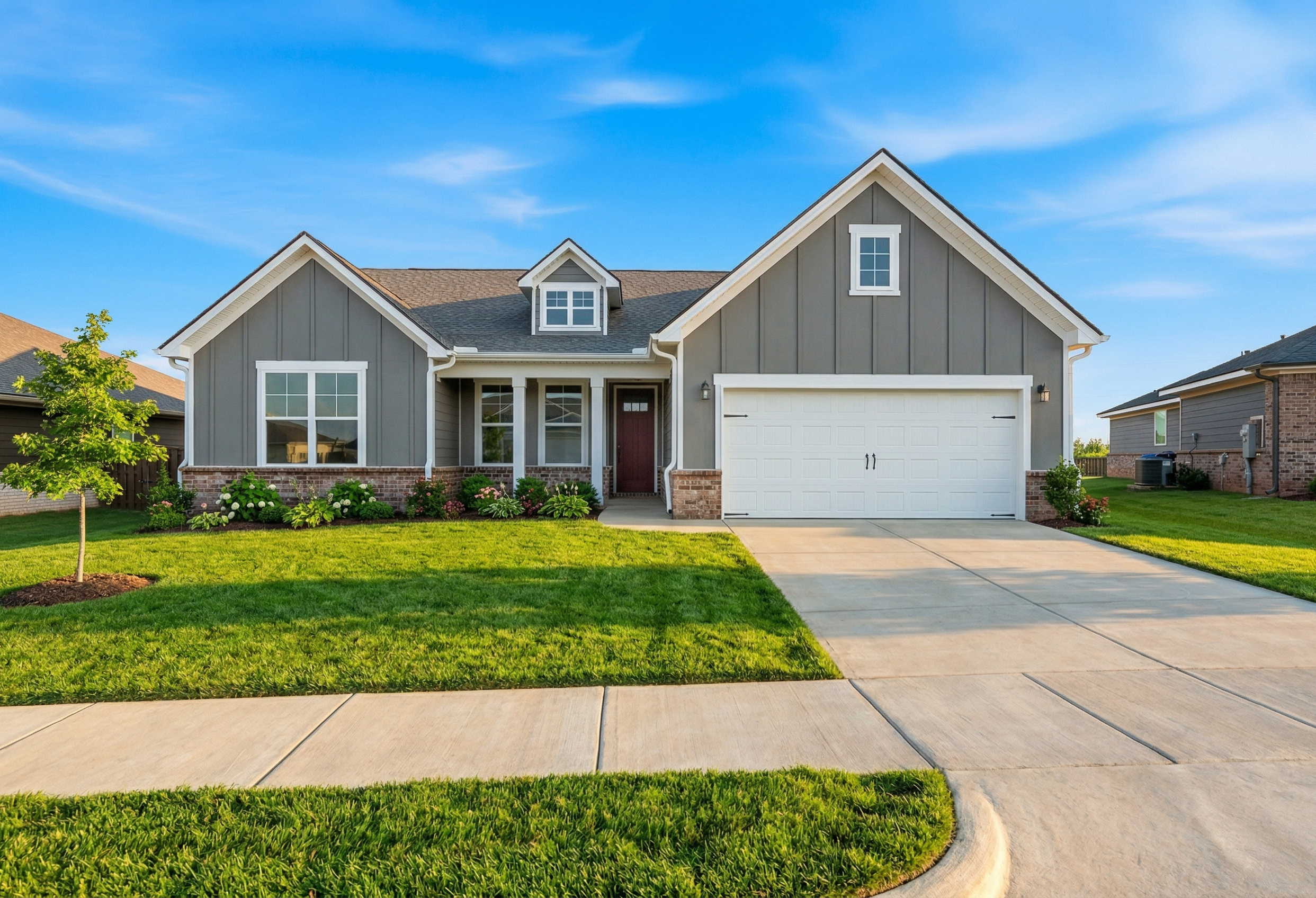 The Rockford gray craftsman-style single-story home exterior with siding, two-car garage, red door, and lush lawn in Cullman Alabama