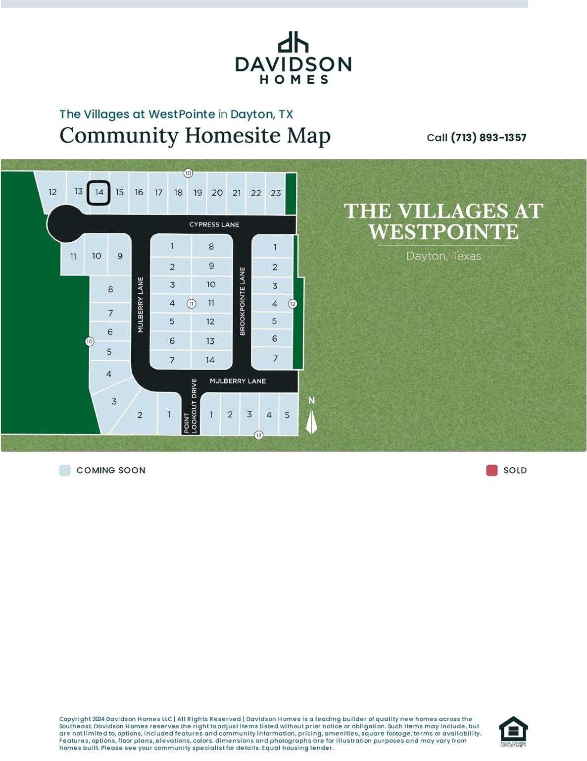Community map of The Villages at WestPointe, Dayton, Texas by Davidson Homes showing available lots, coming soon, and sold homes