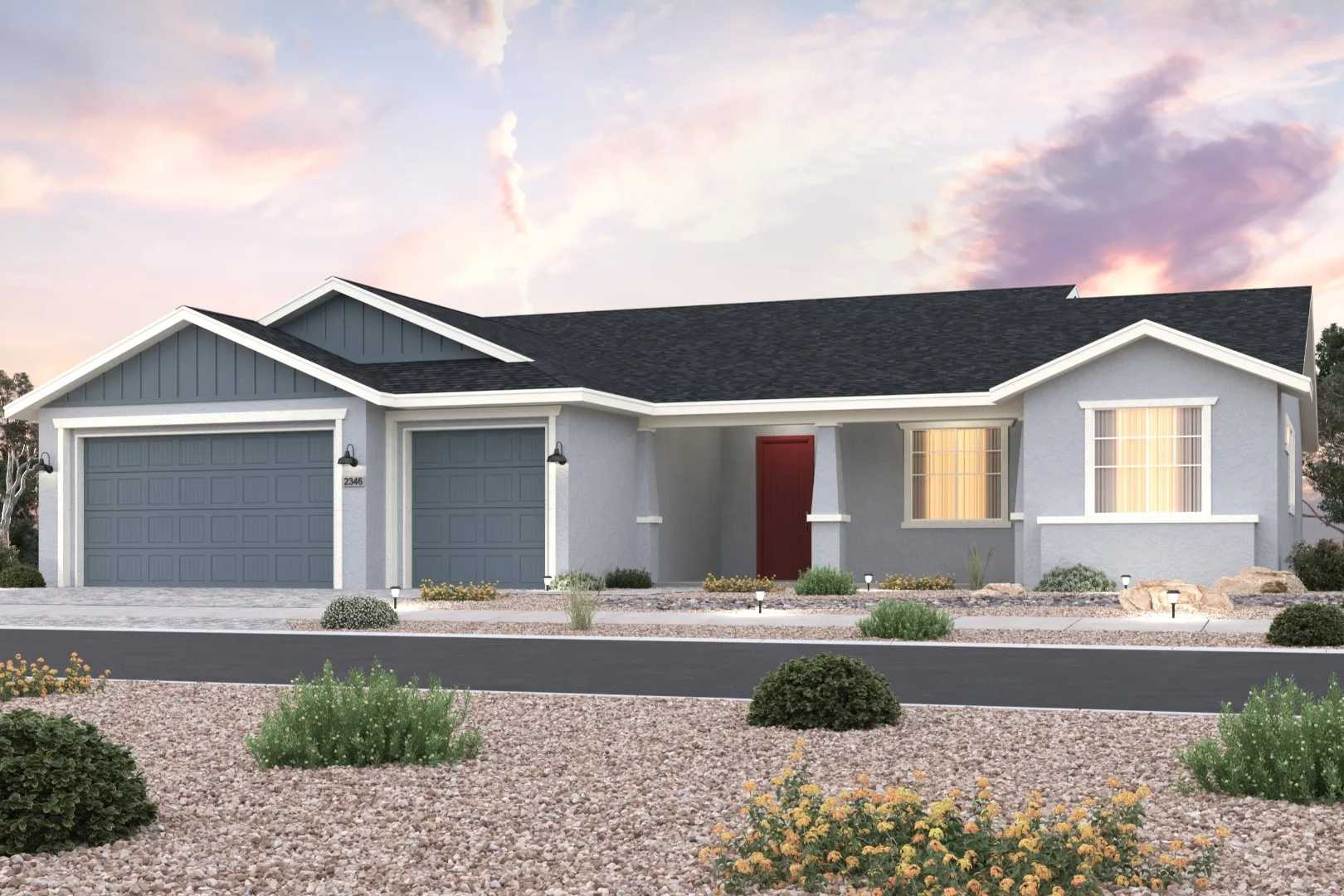 Modern ranch-style home exterior at Morningstar in Prescott Valley AZ by Evermore Homes with blue siding, red door, and desert landscaping