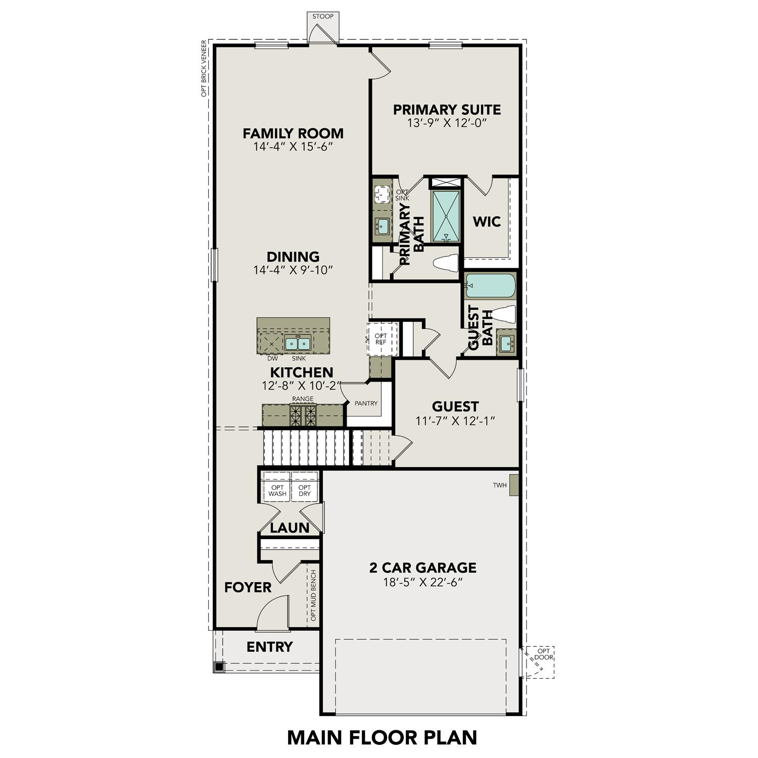 First floor plan of The San Marcos showcasing primary suite, open kitchen, family room, and 2-car garage