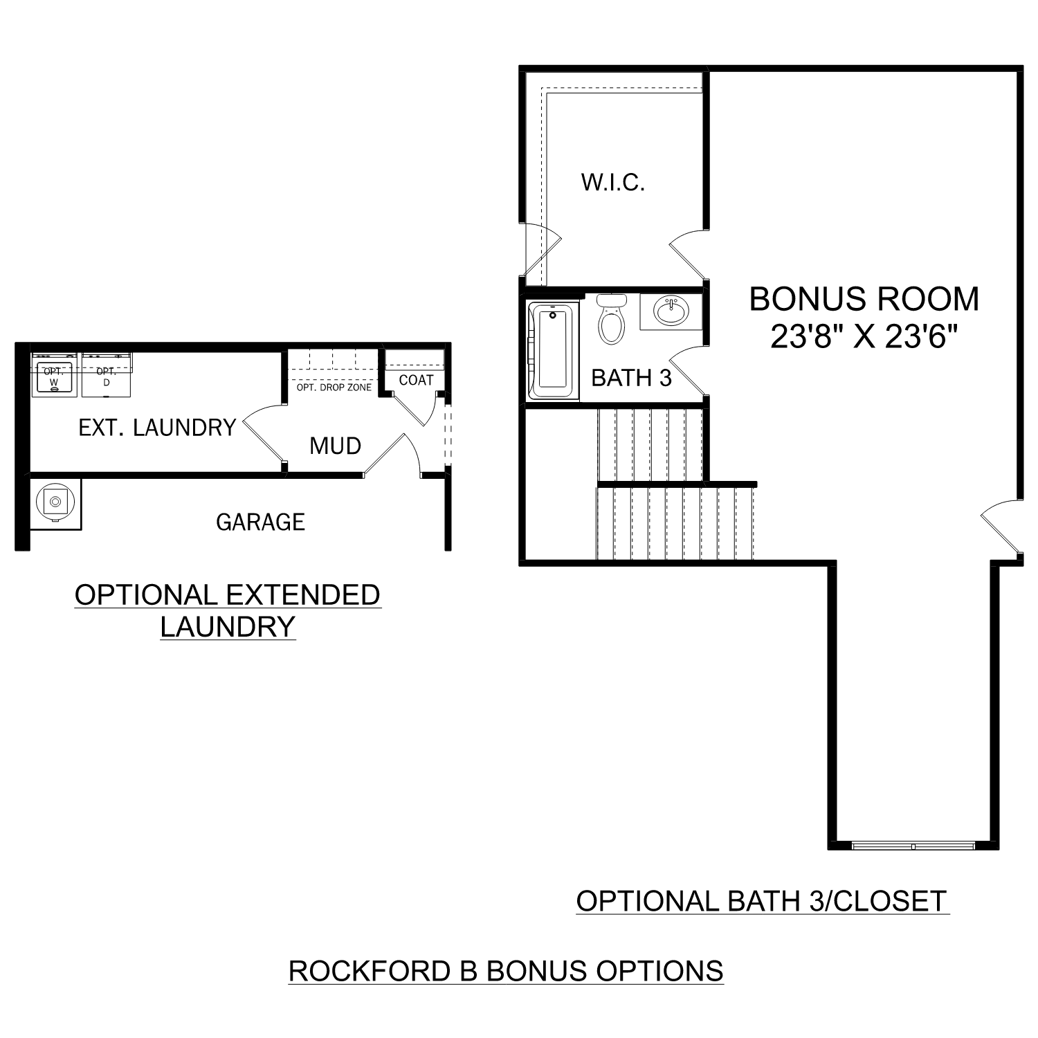 The Rockford B floor plan featuring second-floor bonus room, optional bath 3, and first-floor garage with extended laundry