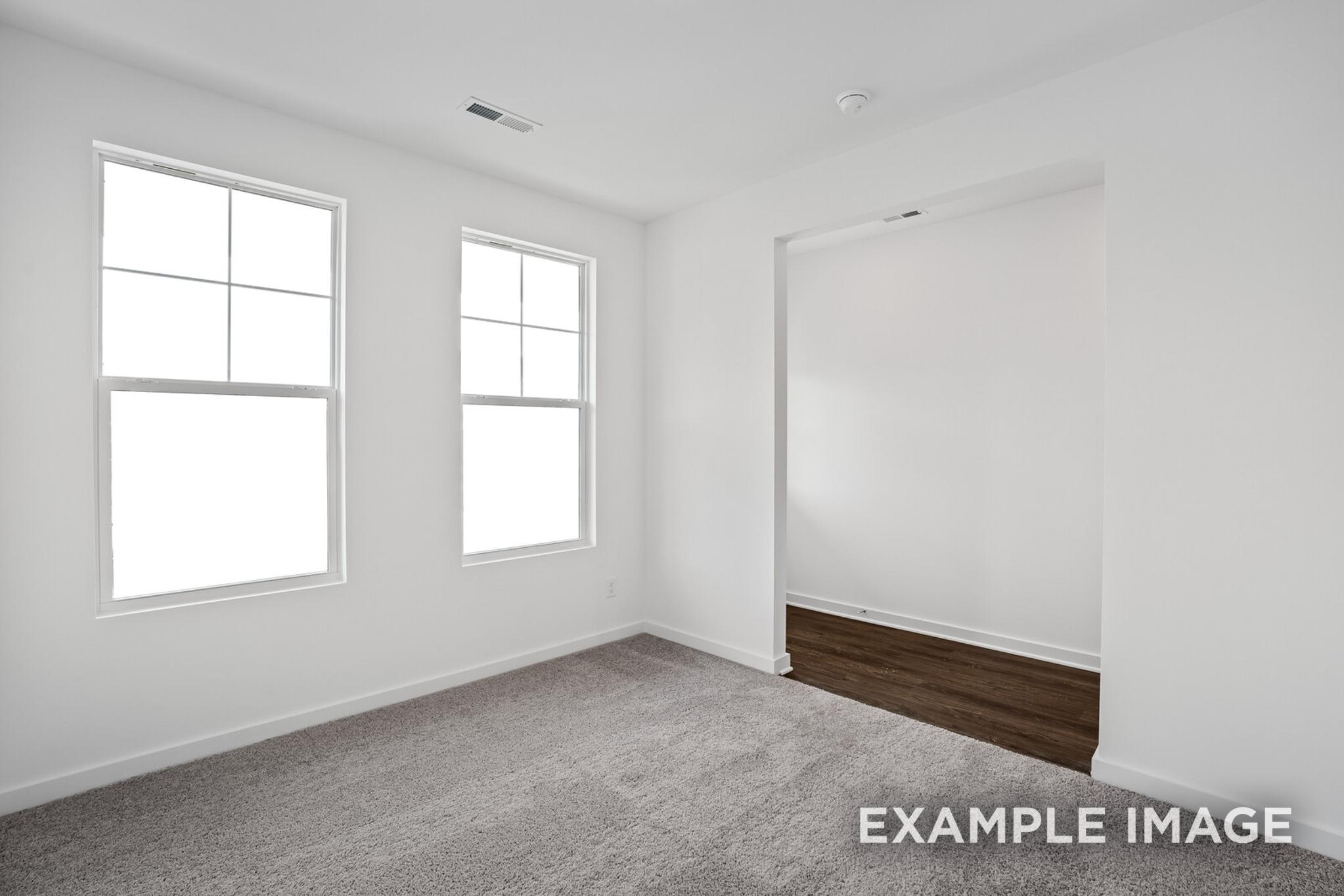 Spacious empty bedroom in The Logan C home with large grid windows, gray carpet, and walk-in closet