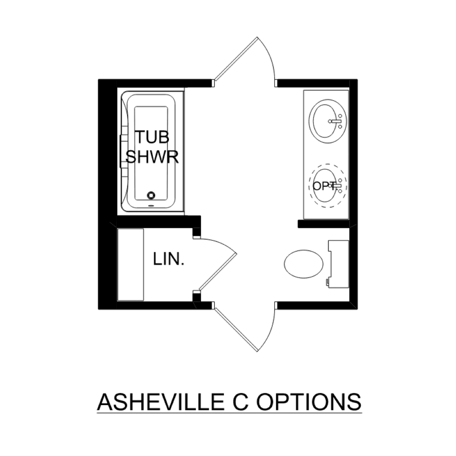 Master bathroom floor plan in The Asheville by Davidson Homes featuring soaking tub, walk-in shower, dual vanities, and linen closet
