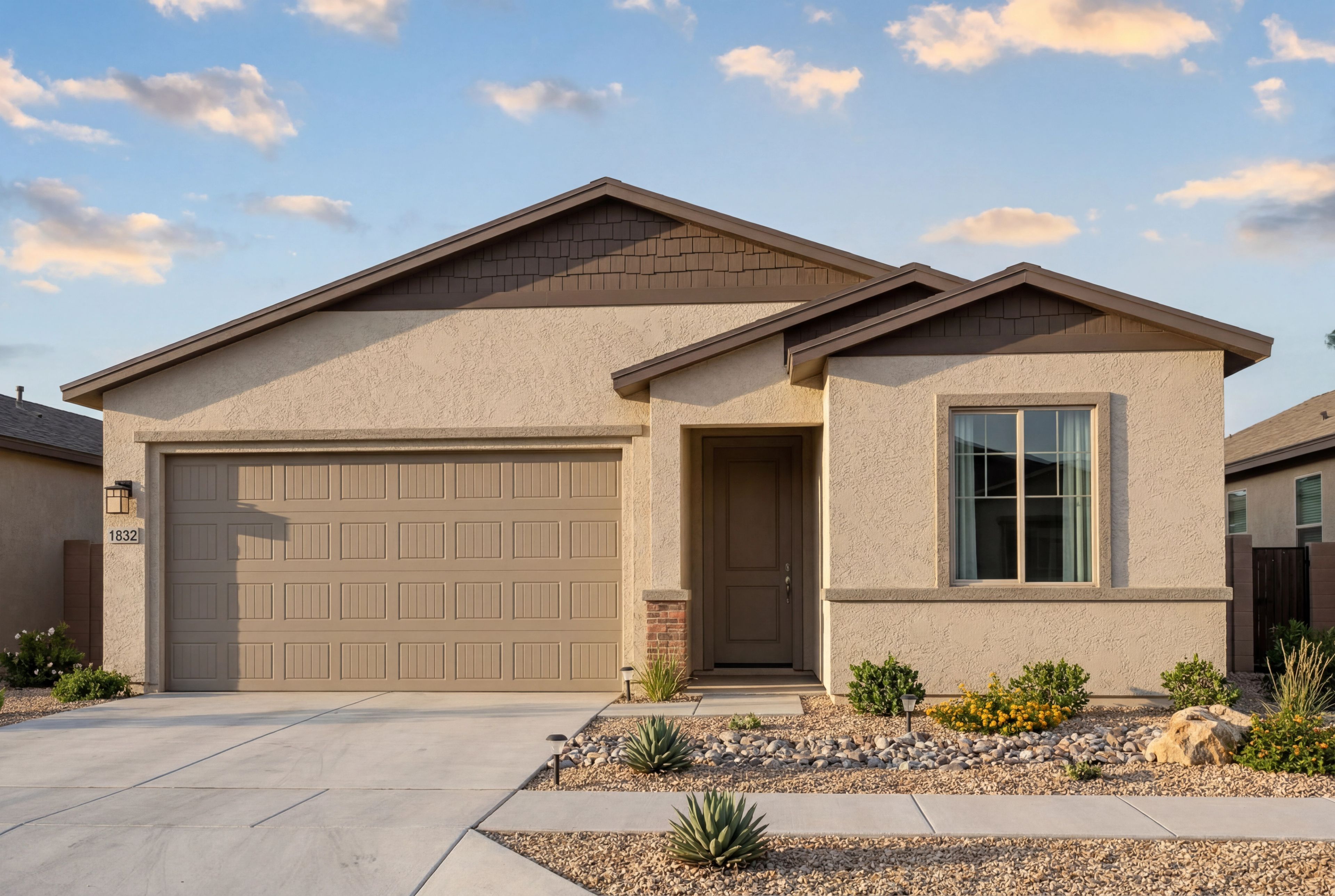 The Frontier A single-story home in Prescott Valley features a stucco exterior, shingle accents, and a 3-car garage.